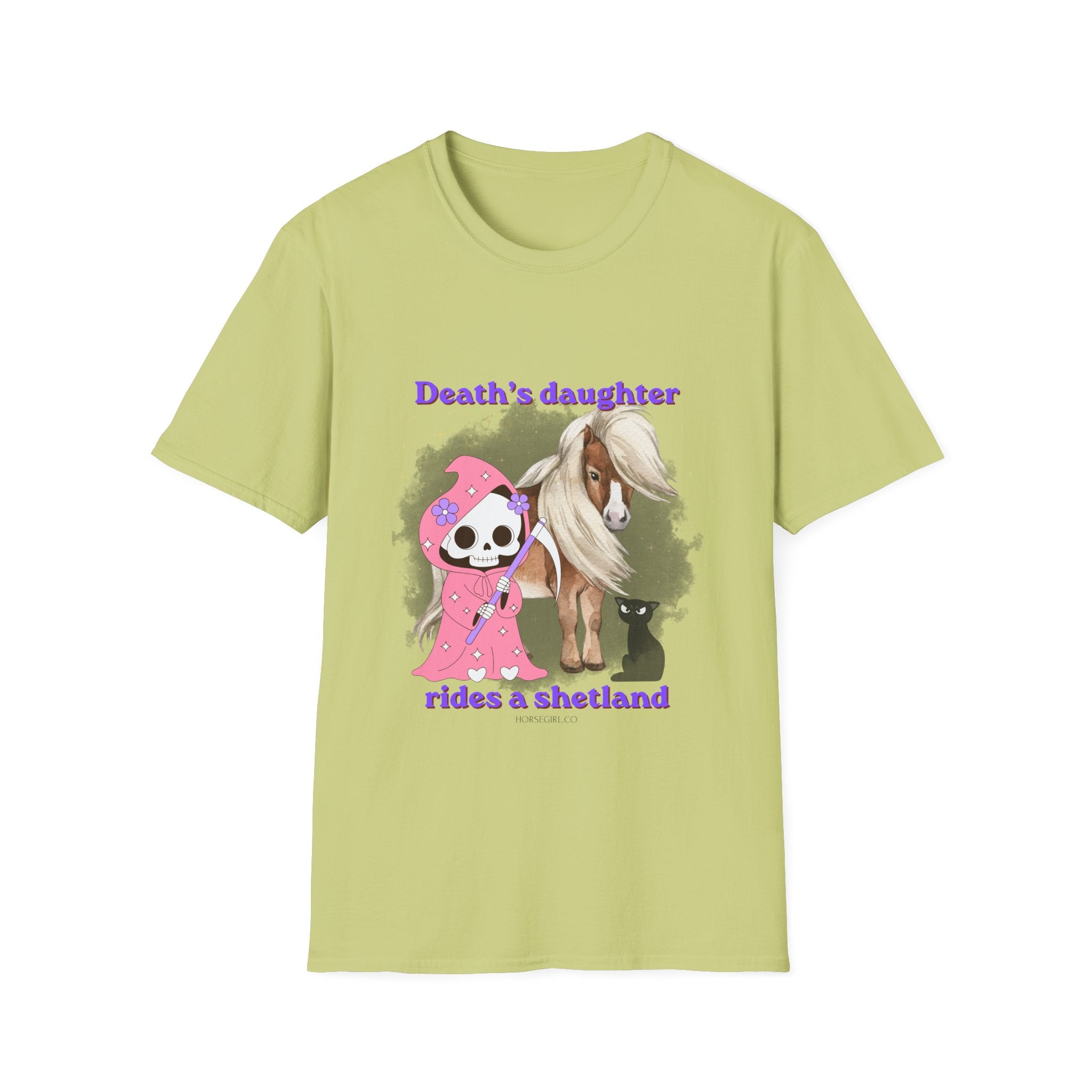 Death's Daughter Rides a Shetland T-Shirt — Cute Grim Reaper and Shetland Pony T Shirt for Women