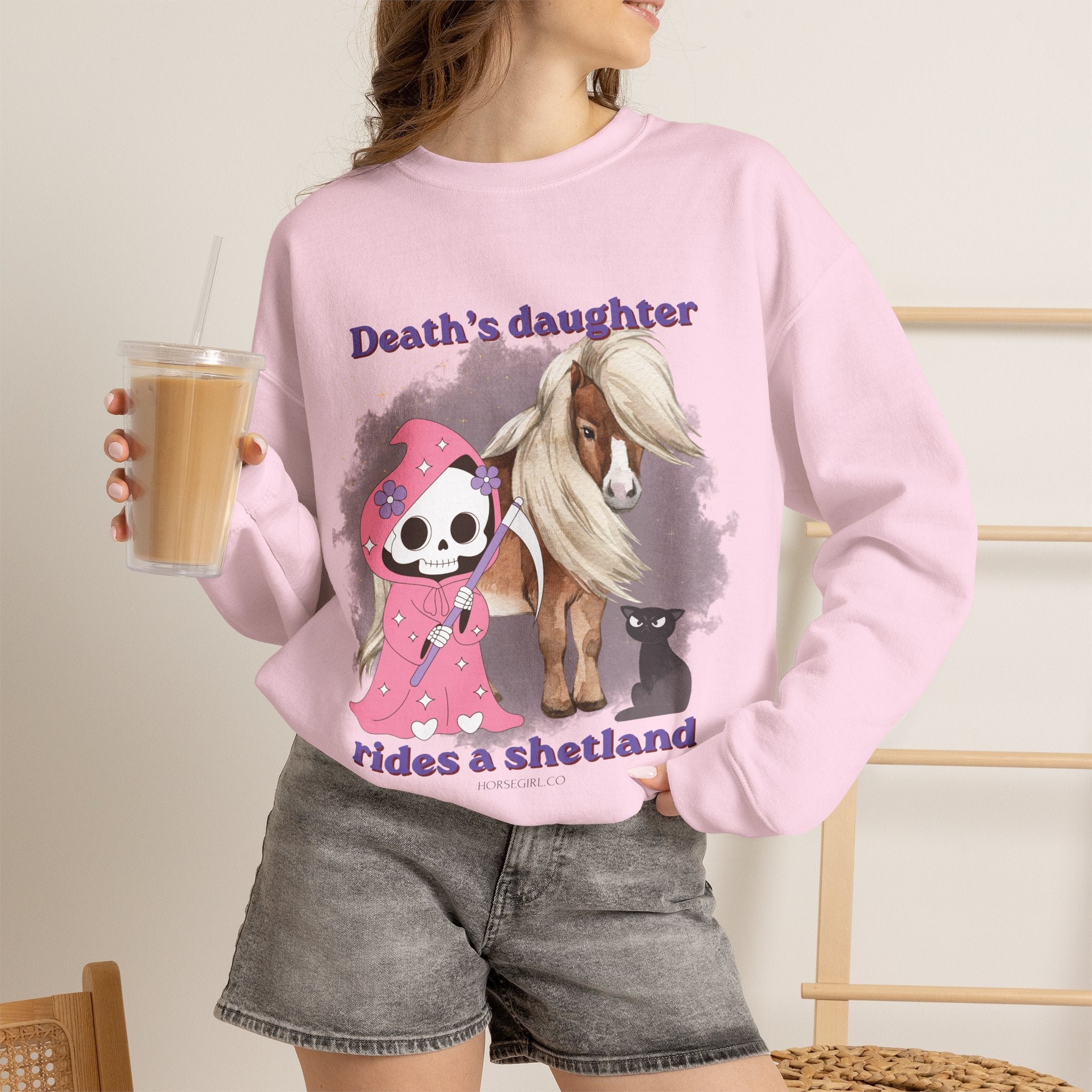 Horse Sweatshirt for Women — "Death's Daughter Rides a Shetland" Cute Grim Reaper & Shetland Pony Crewneck