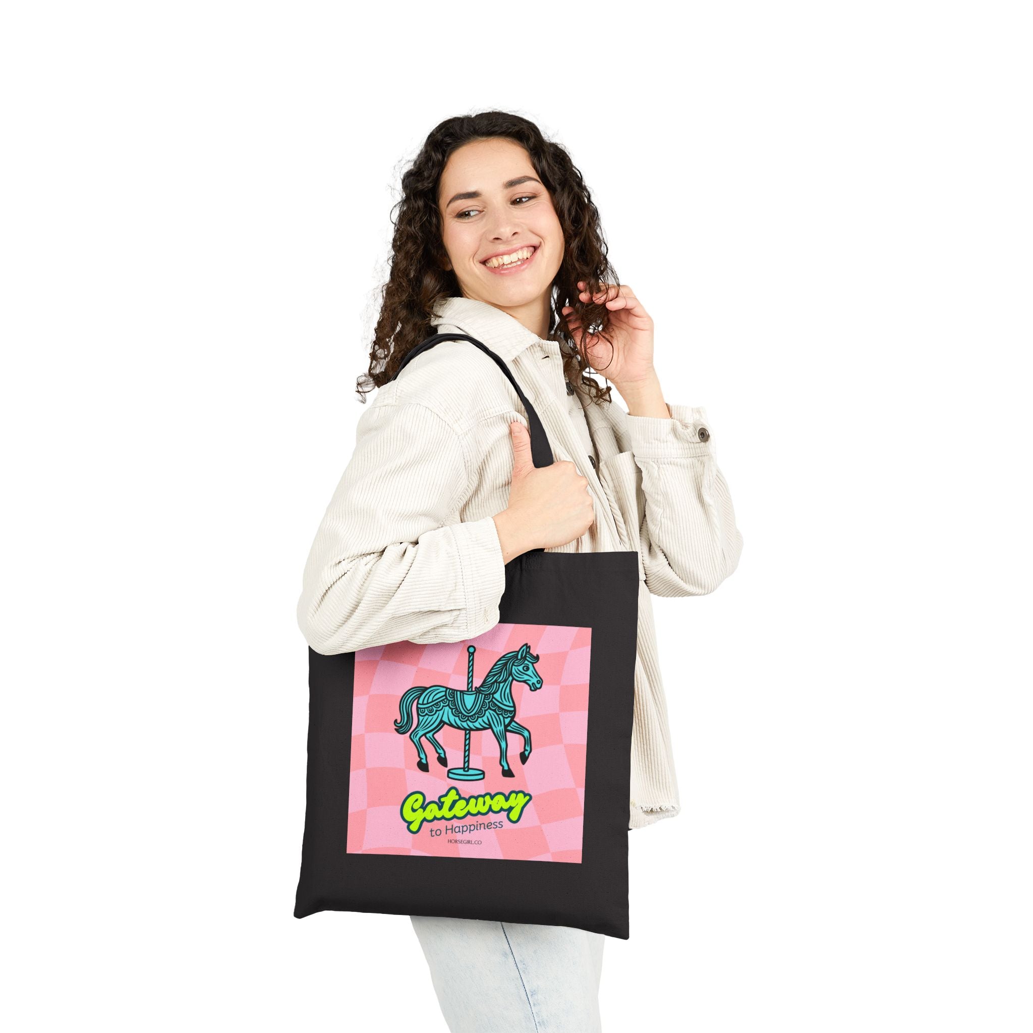 Tote Bag — 'Gateway' Carousel Horse Canvas Tote (Pink Checkered)