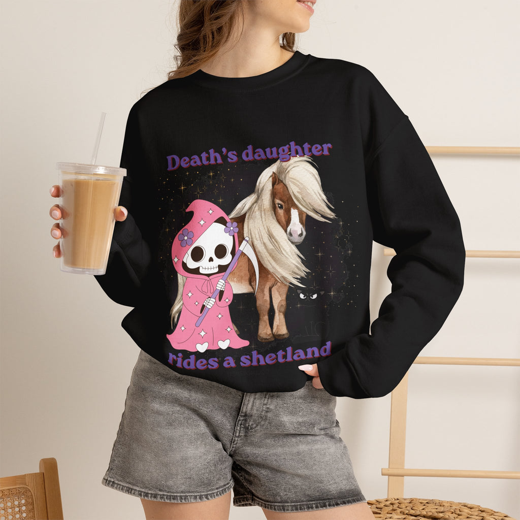 Horse Sweatshirt for Women — "Death's Daughter Rides a Shetland" Cute Grim Reaper & Shetland Pony Crewneck