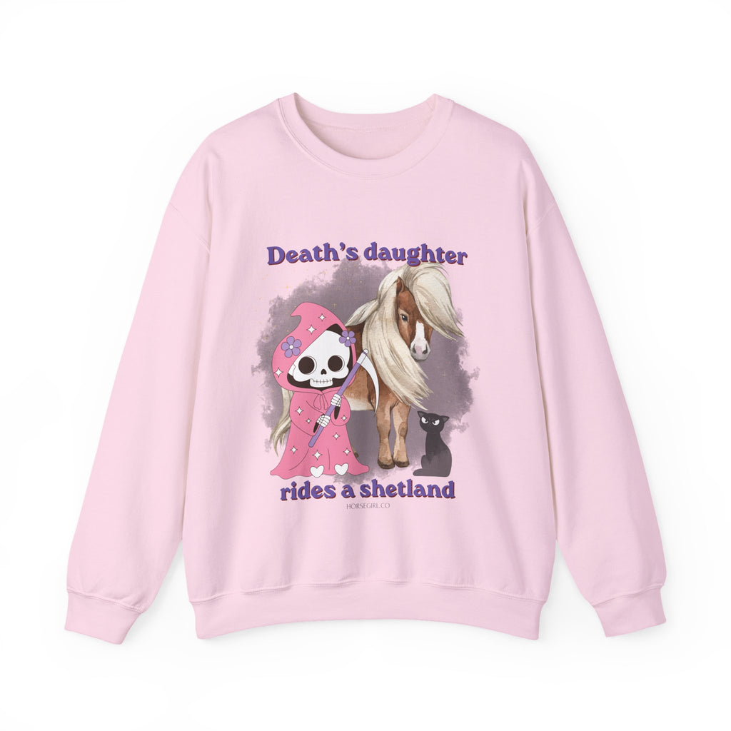 Horse Sweatshirt for Women — "Death's Daughter Rides a Shetland" Cute Grim Reaper & Shetland Pony Crewneck