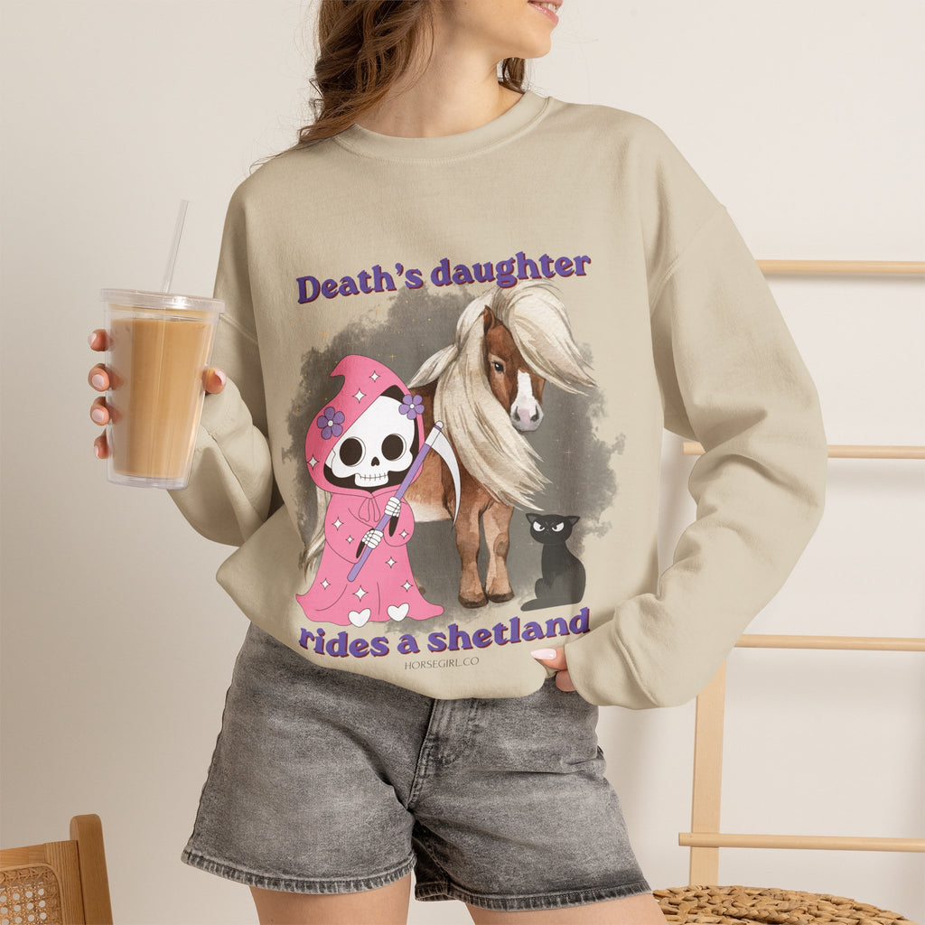 Horse Sweatshirt for Women — "Death's Daughter Rides a Shetland" Cute Grim Reaper & Shetland Pony Crewneck