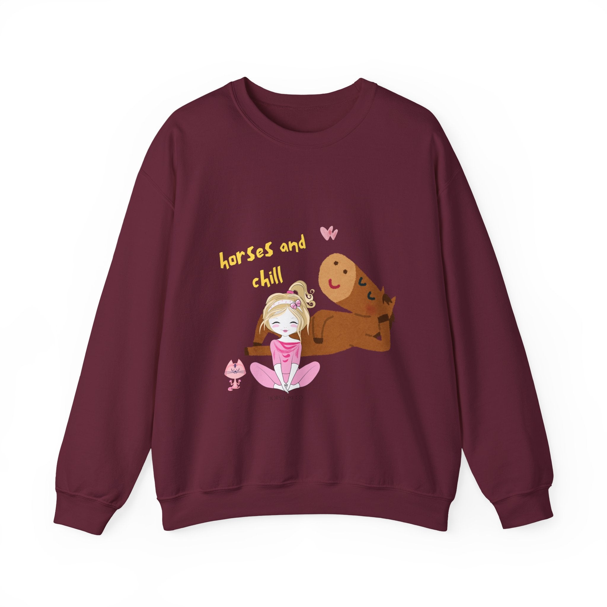 Horses and Chill Crewneck Sweatshirt — Cute Girl & Horse Graphic