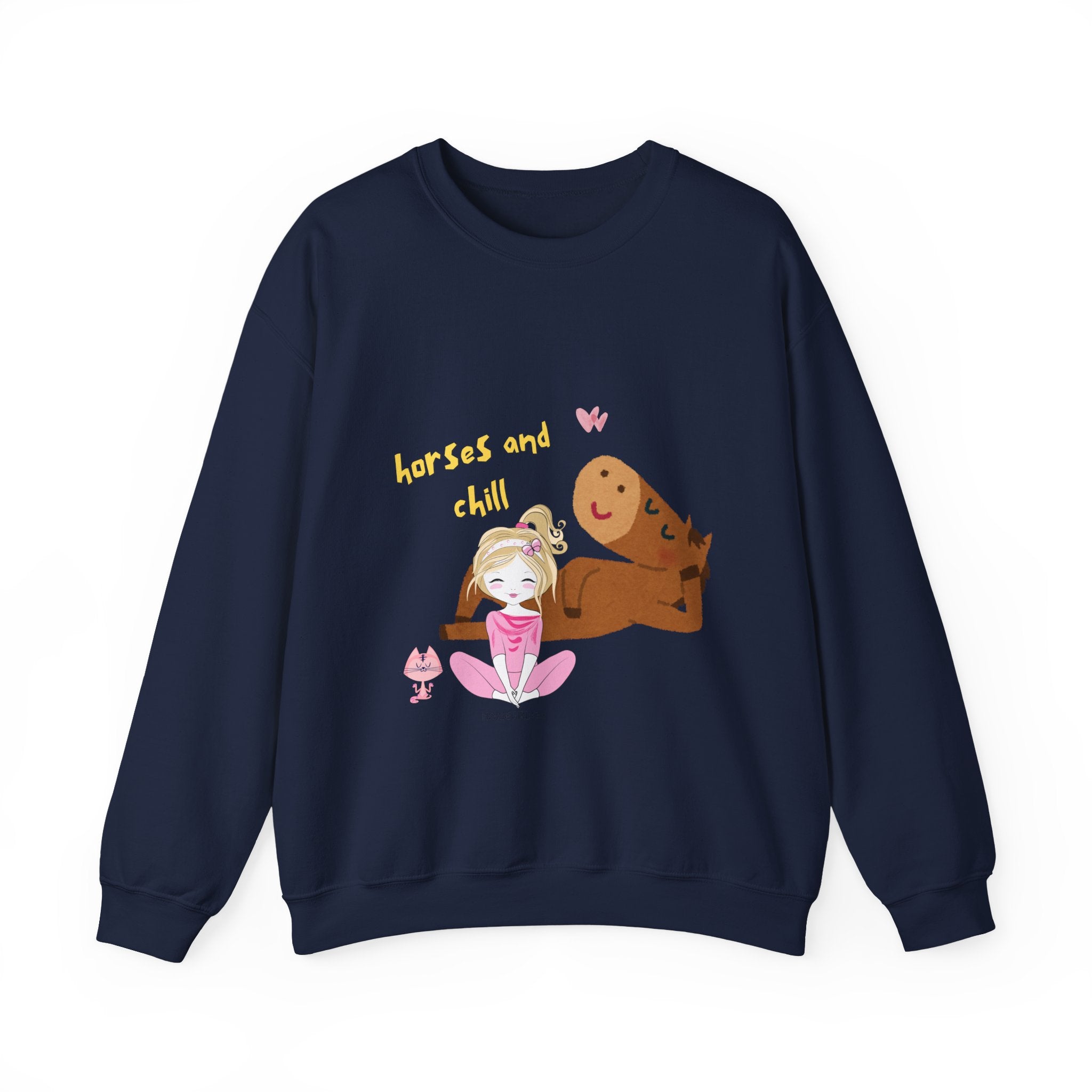 Horses and Chill Crewneck Sweatshirt — Cute Girl & Horse Graphic