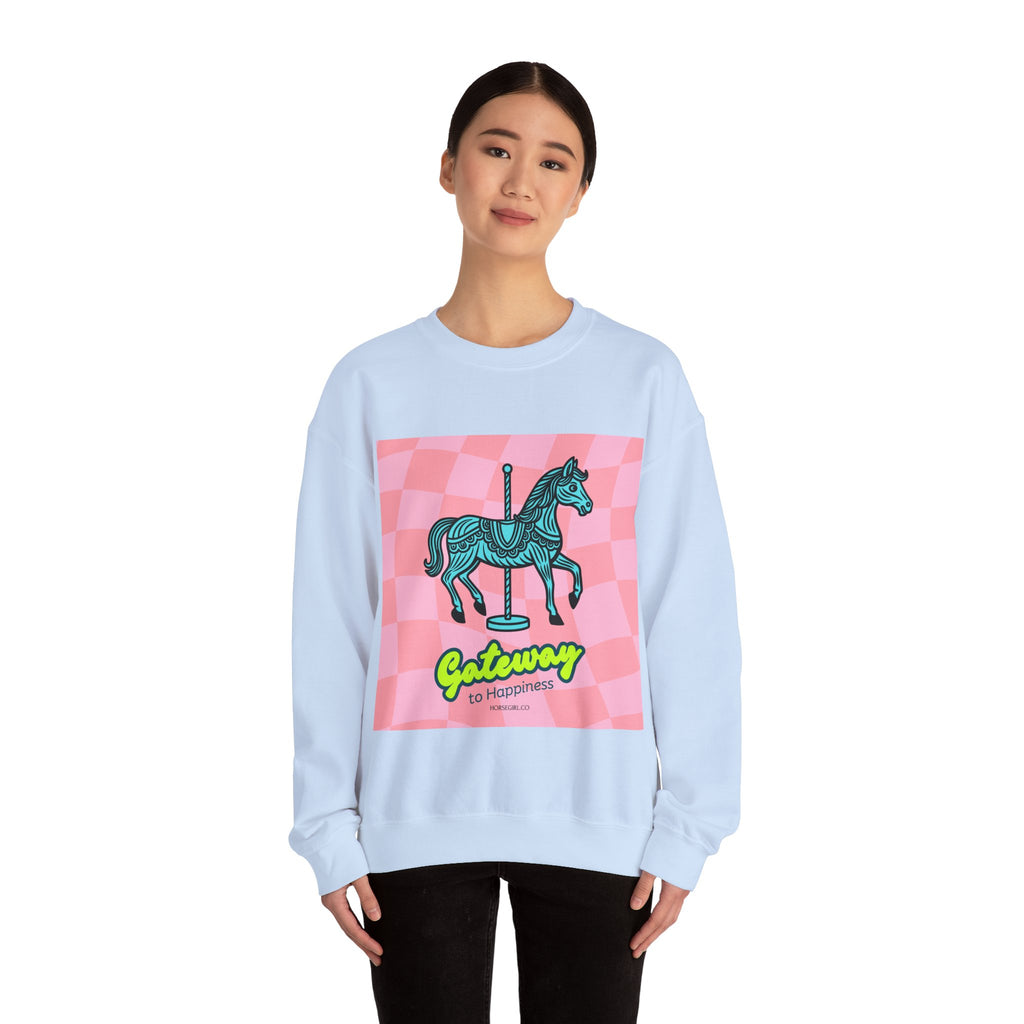 Crewneck Sweatshirt — 'Gateway to Happiness' Retro Carousel Horse Graphic