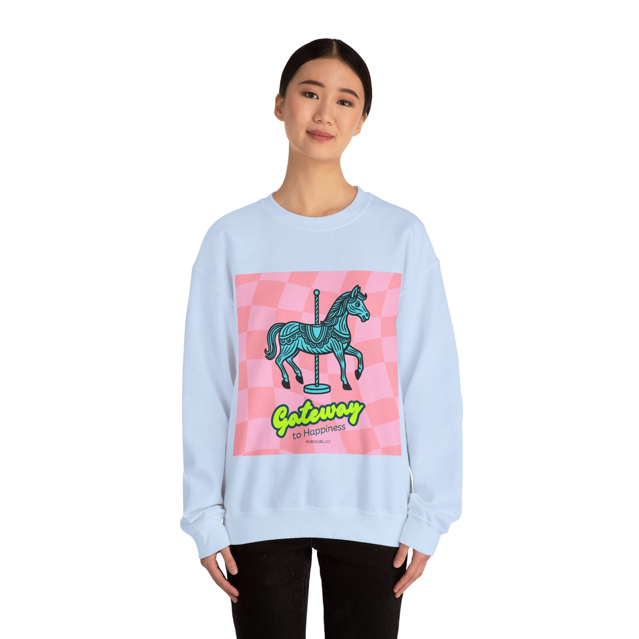 Crewneck Sweatshirt — 'Gateway to Happiness' Retro Carousel Horse Graphic