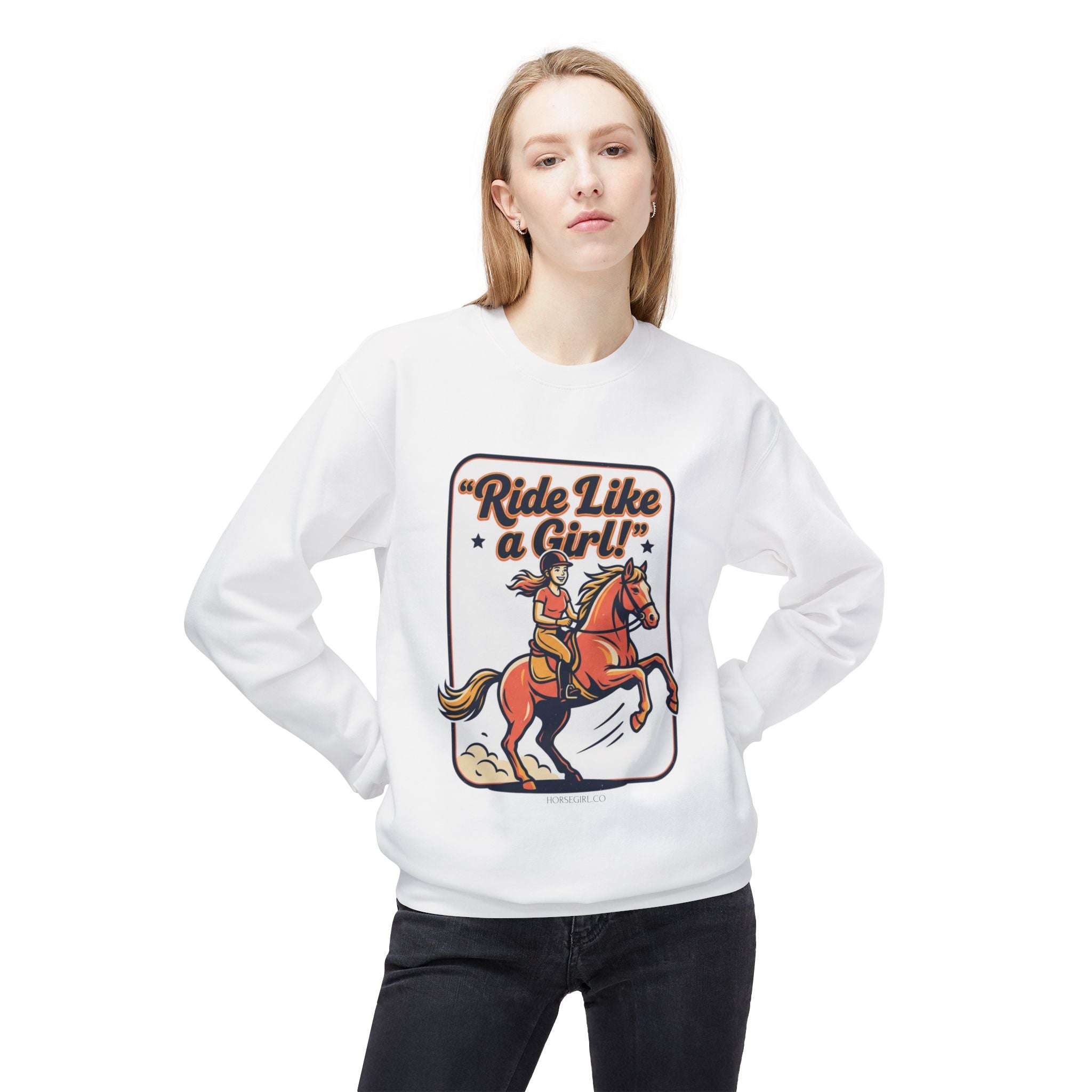 Ride Like a Girl Sweatshirt — Retro Girl Horse Riding Crewneck
