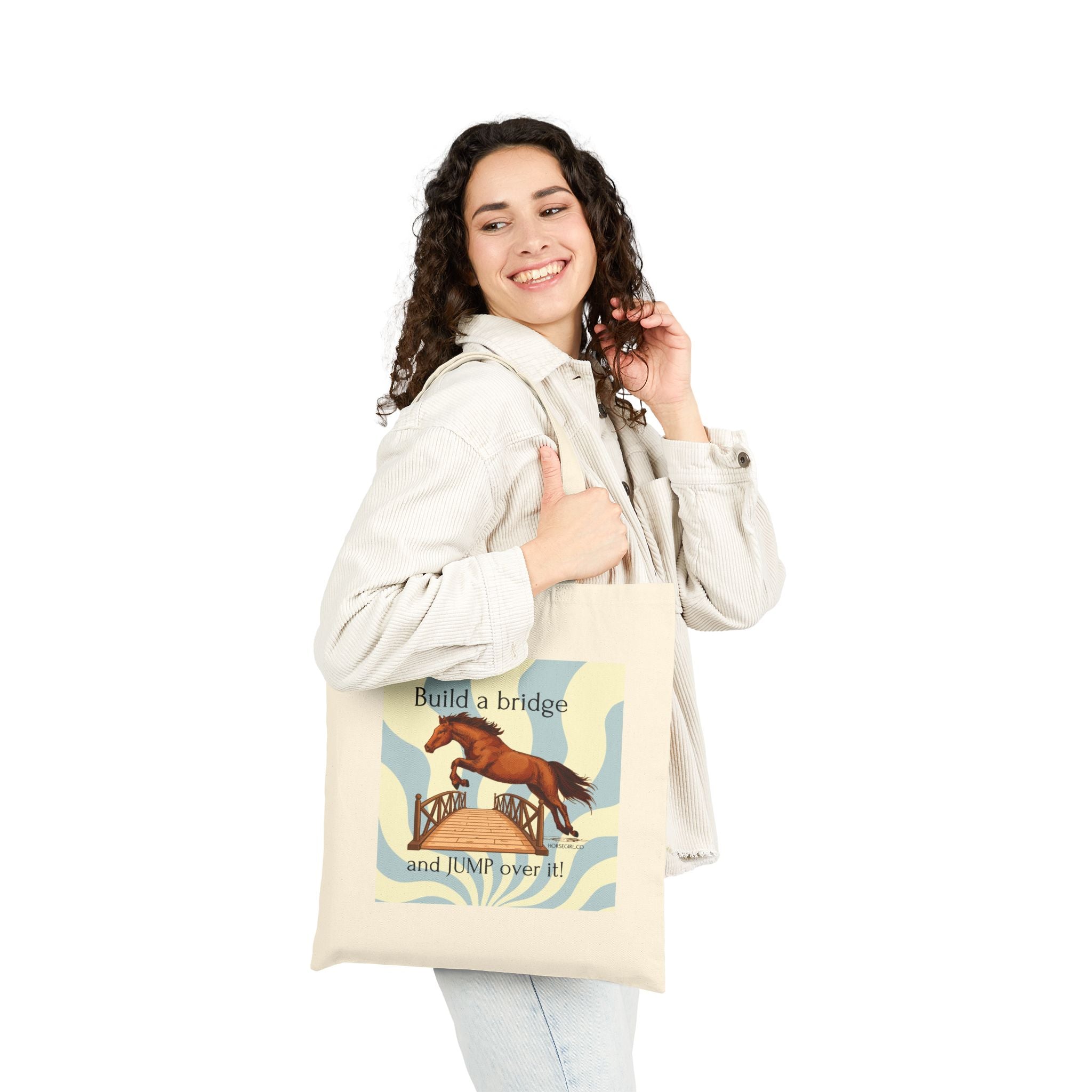 Tote Bag — 'Build a bridge and JUMP over it!' Horse Jumping Canvas Tote