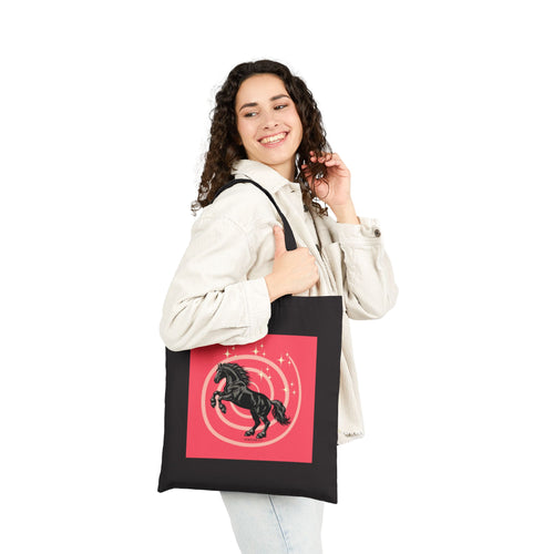 Black Horse Canvas Tote Bag – Rearing black stallion on pink background