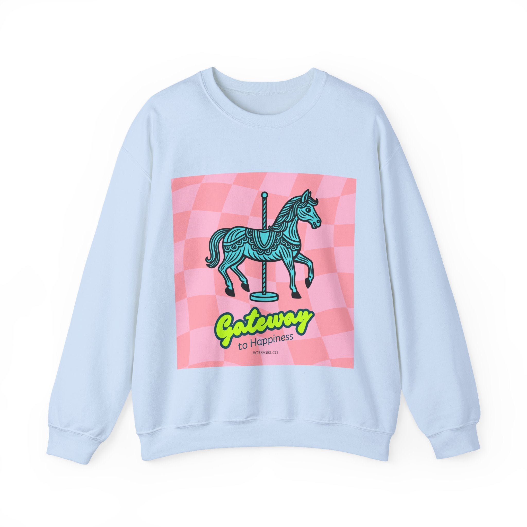 Crewneck Sweatshirt — 'Gateway to Happiness' Retro Carousel Horse Graphic