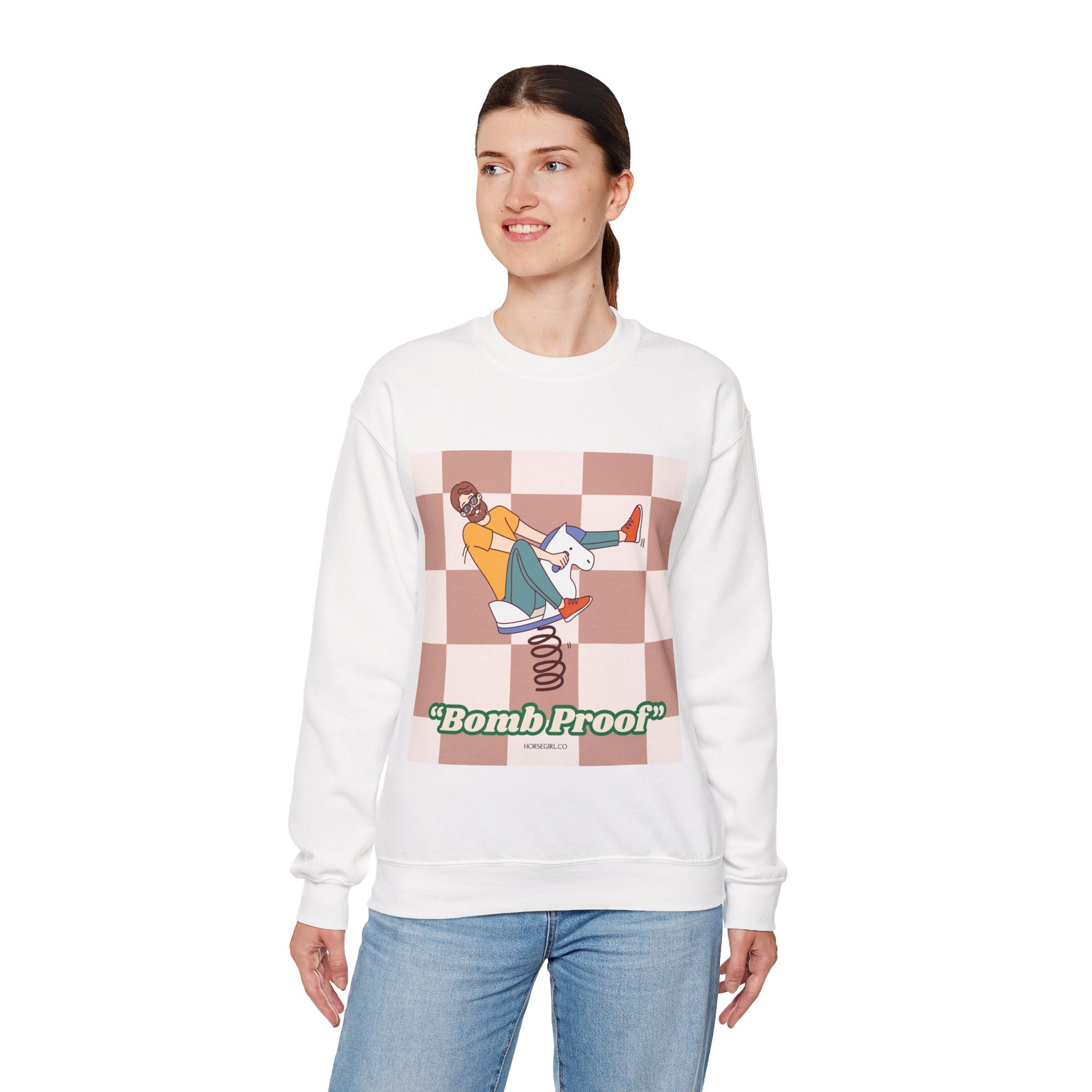 Bomb Proof Crewneck Sweatshirt — Retro Skate Cartoon Graphic Pullover