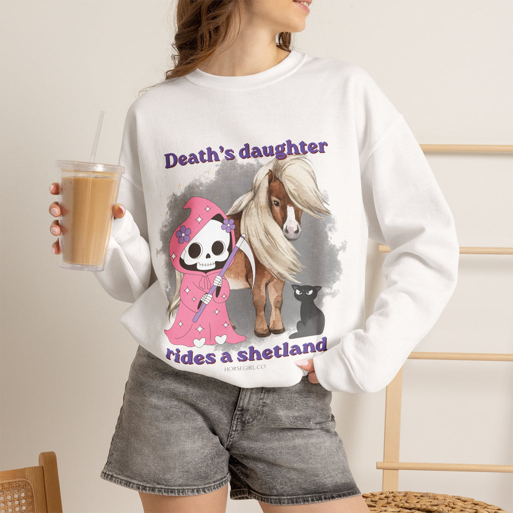 Horse Sweatshirt for Women — "Death's Daughter Rides a Shetland" Cute Grim Reaper & Shetland Pony Crewneck
