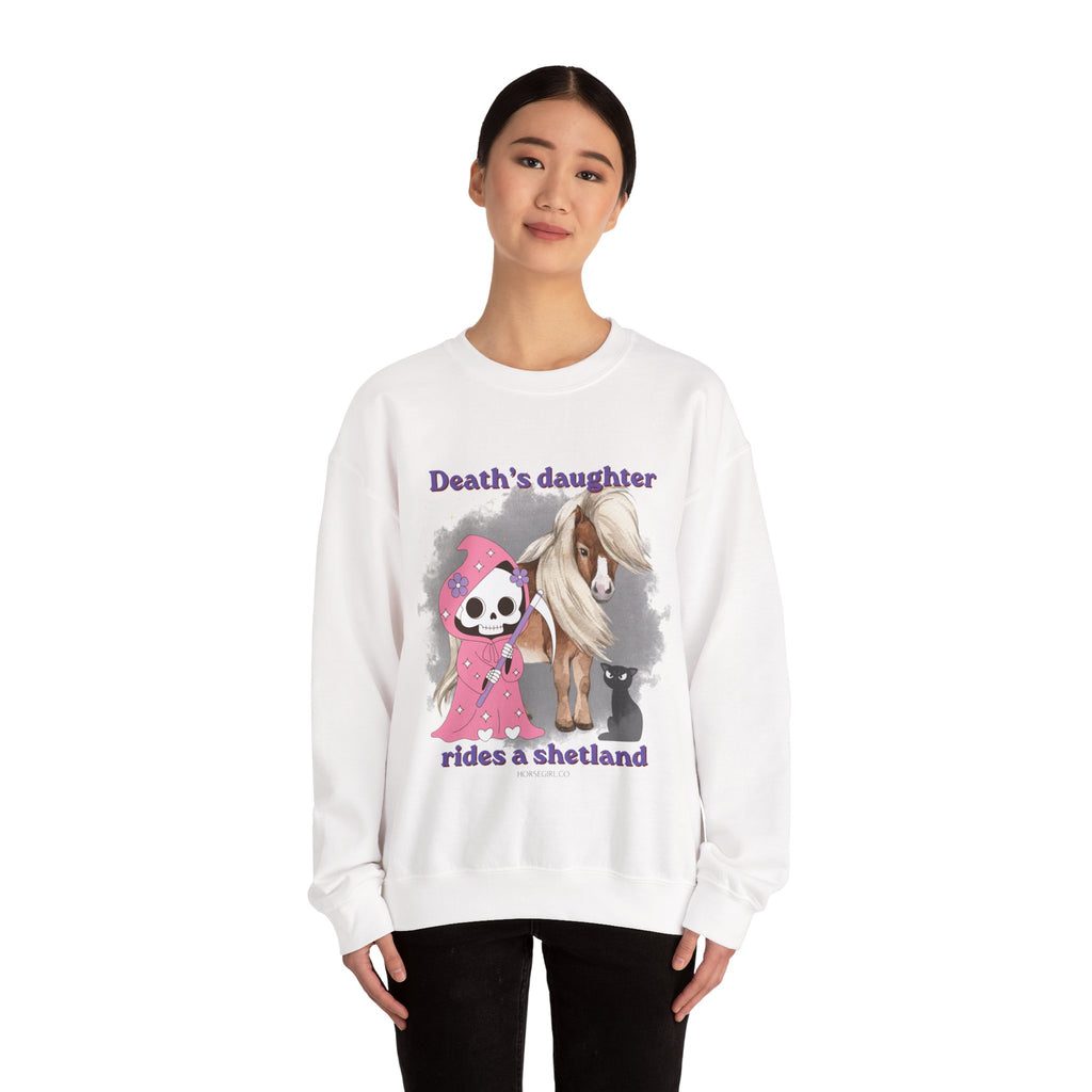 Horse Sweatshirt for Women — "Death's Daughter Rides a Shetland" Cute Grim Reaper & Shetland Pony Crewneck
