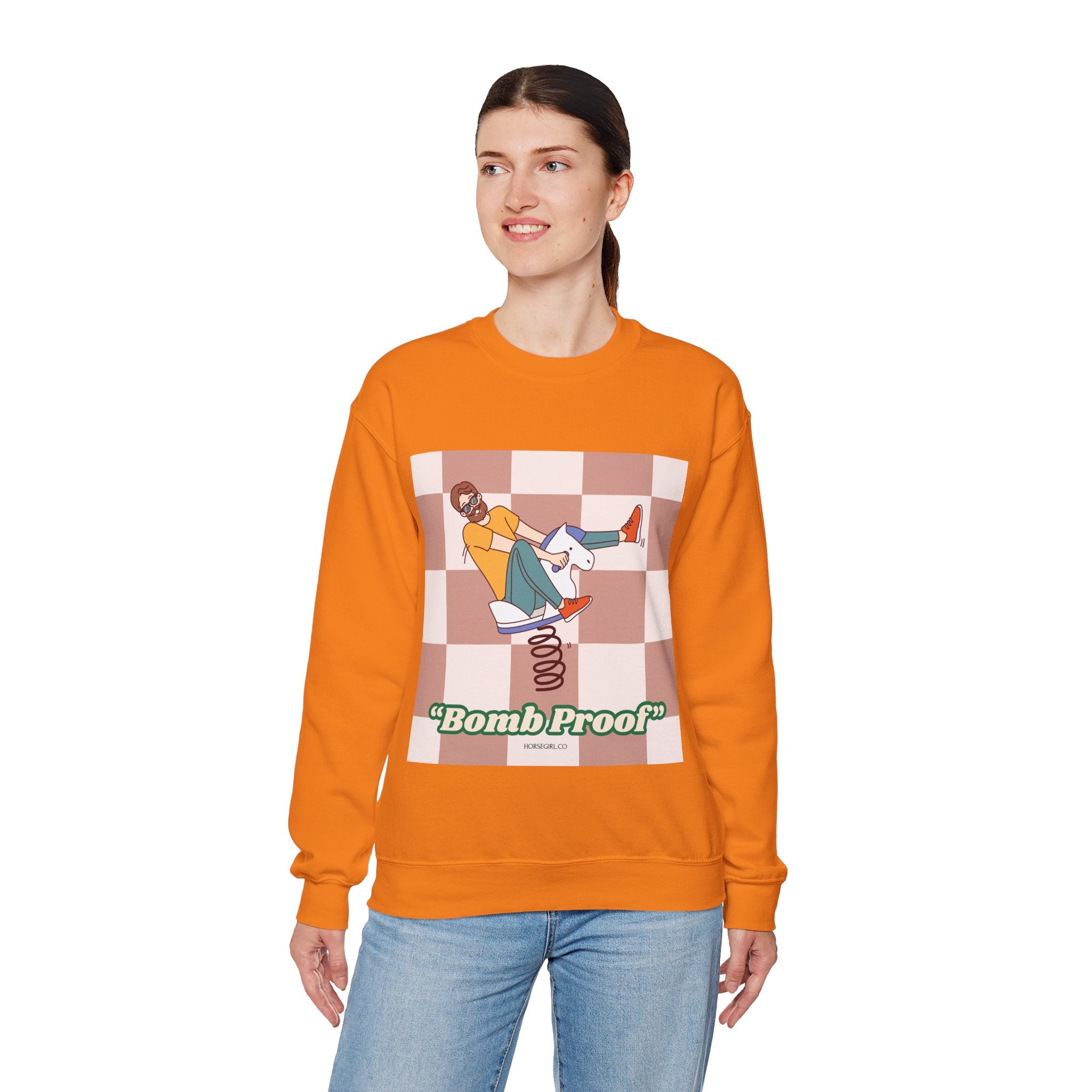 Bomb Proof Crewneck Sweatshirt — Retro Skate Cartoon Graphic Pullover