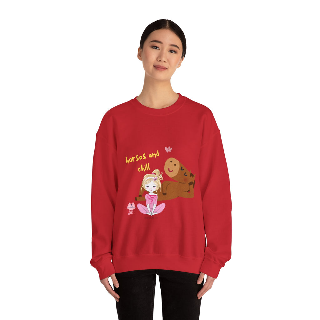 Horses and Chill Crewneck Sweatshirt — Cute Girl & Horse Graphic