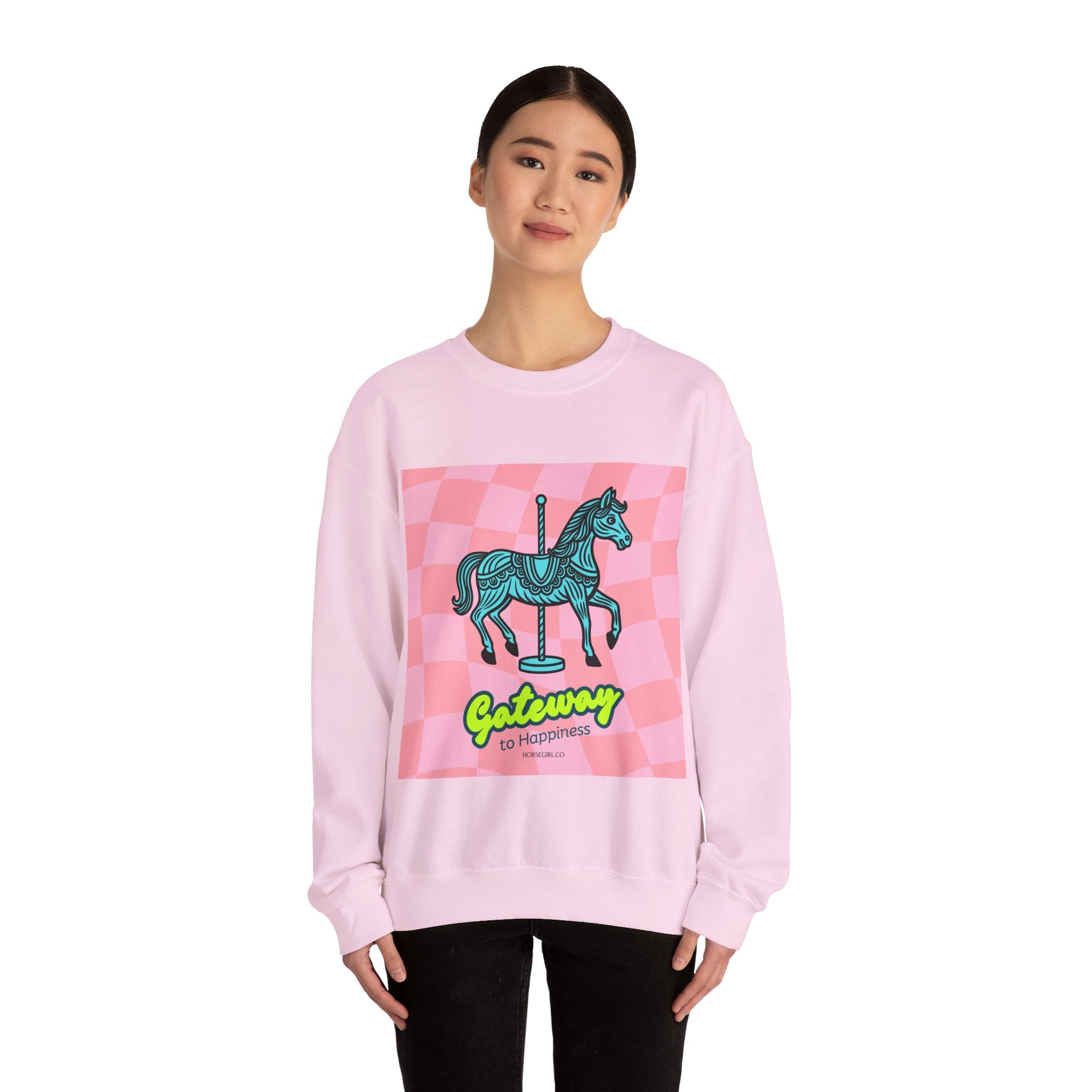 Crewneck Sweatshirt — 'Gateway to Happiness' Retro Carousel Horse Graphic