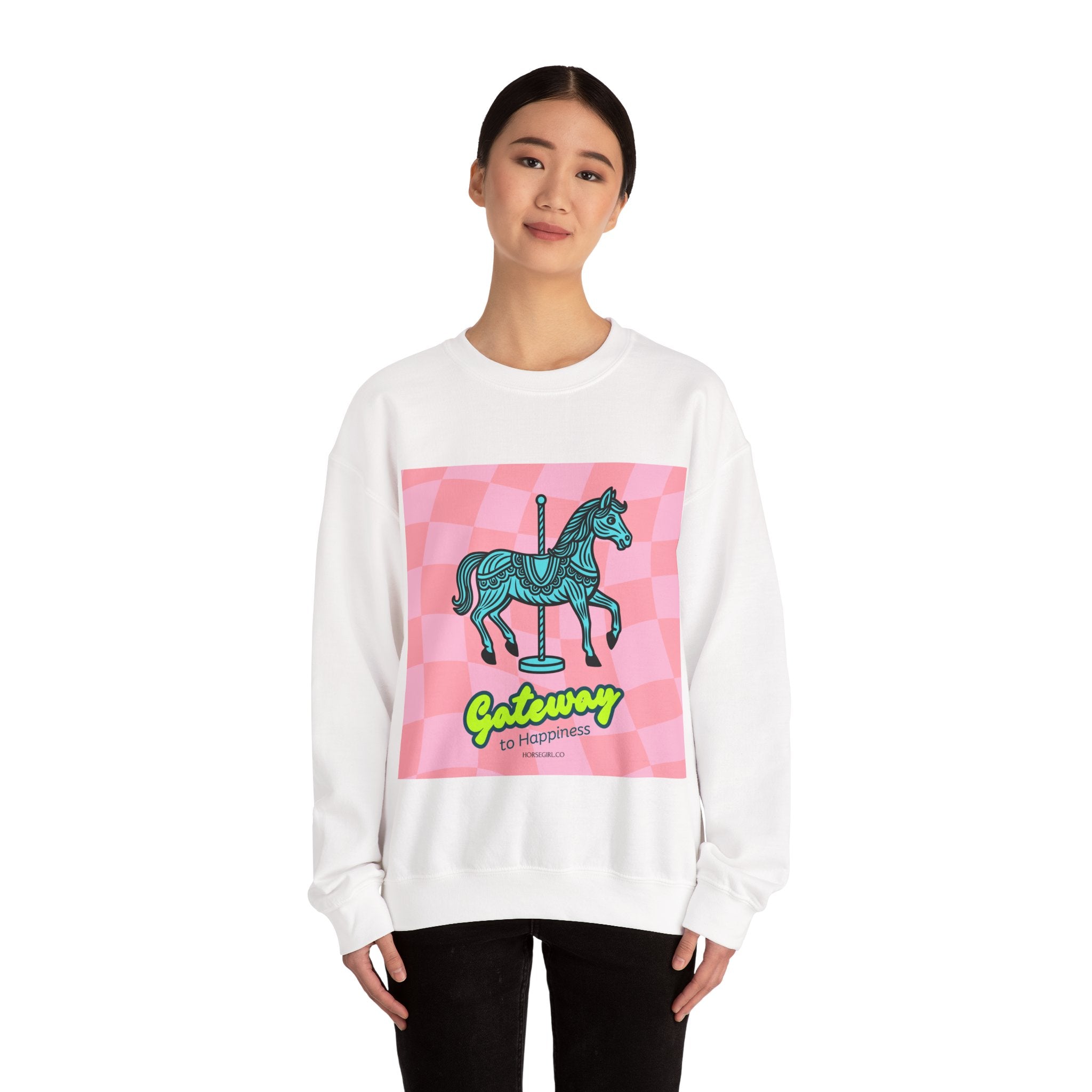 Crewneck Sweatshirt — 'Gateway to Happiness' Retro Carousel Horse Graphic