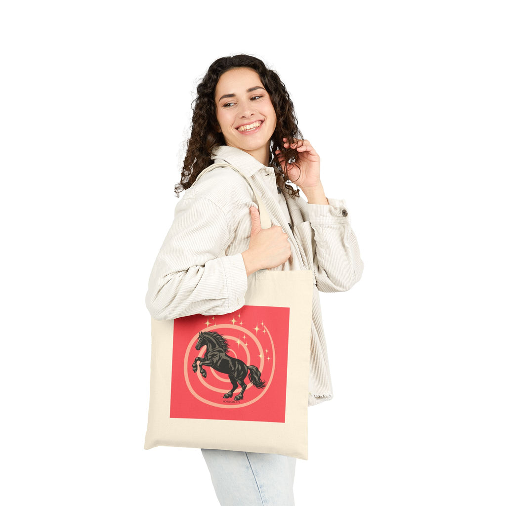 Black Horse Canvas Tote Bag – Rearing black stallion on pink background