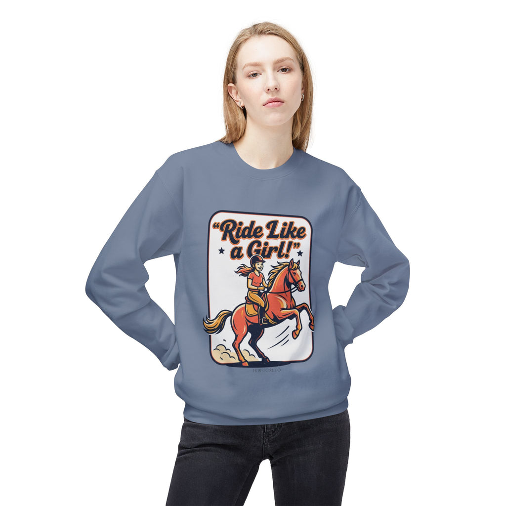 Ride Like a Girl Sweatshirt — Retro Girl Horse Riding Crewneck