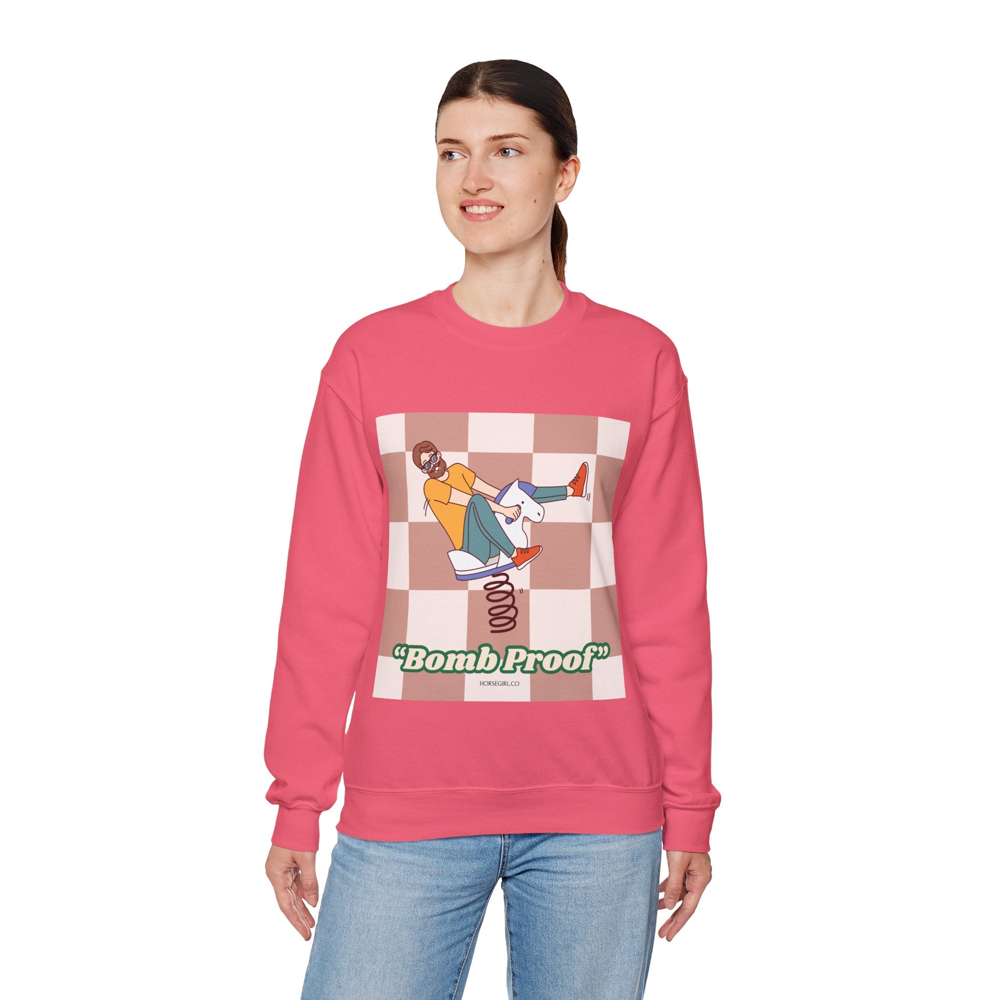Bomb Proof Crewneck Sweatshirt — Retro Skate Cartoon Graphic Pullover