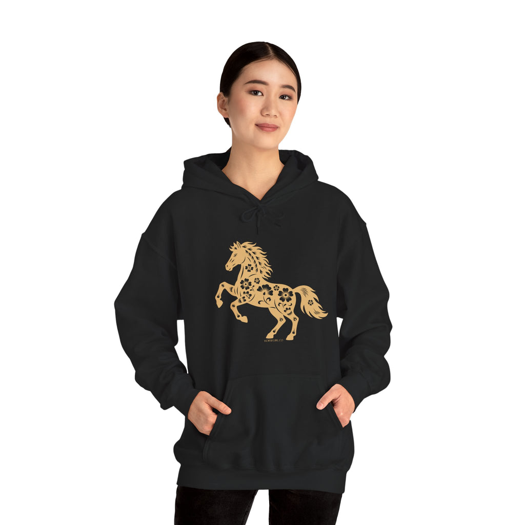 Golden Floral Horse Hoodie — Boho Style Equestrian Sweatshirt for Women