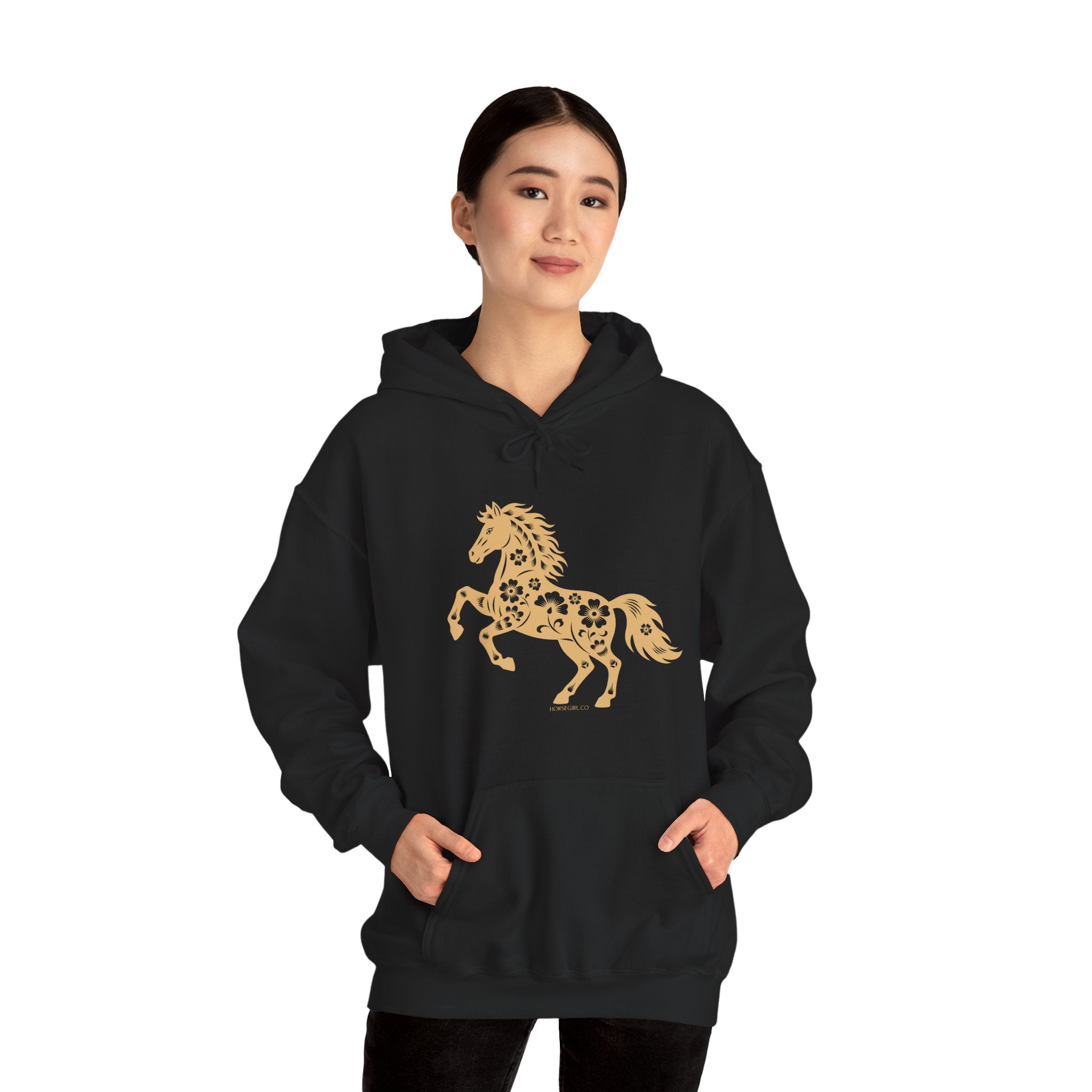 Golden Floral Horse Hoodie — Boho Style Equestrian Sweatshirt for Women