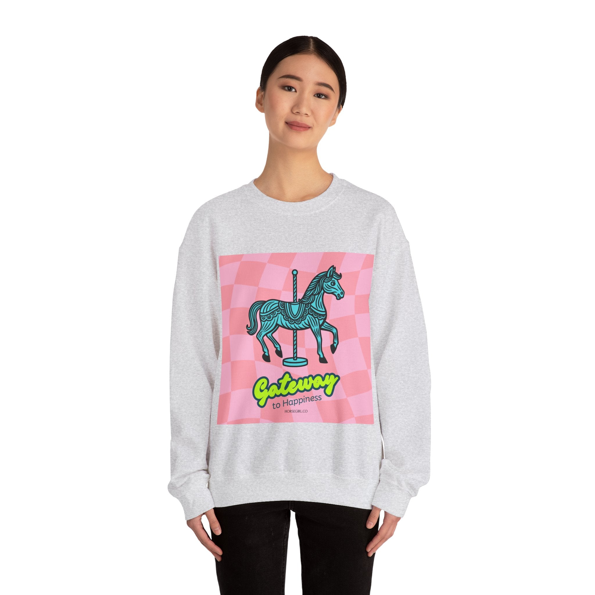 Crewneck Sweatshirt — 'Gateway to Happiness' Retro Carousel Horse Graphic