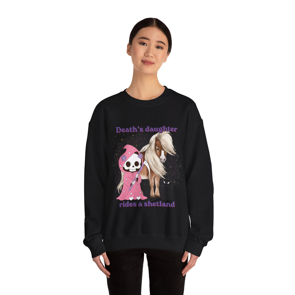 Horse Sweatshirt for Women — "Death's Daughter Rides a Shetland" Cute Grim Reaper & Shetland Pony Crewneck