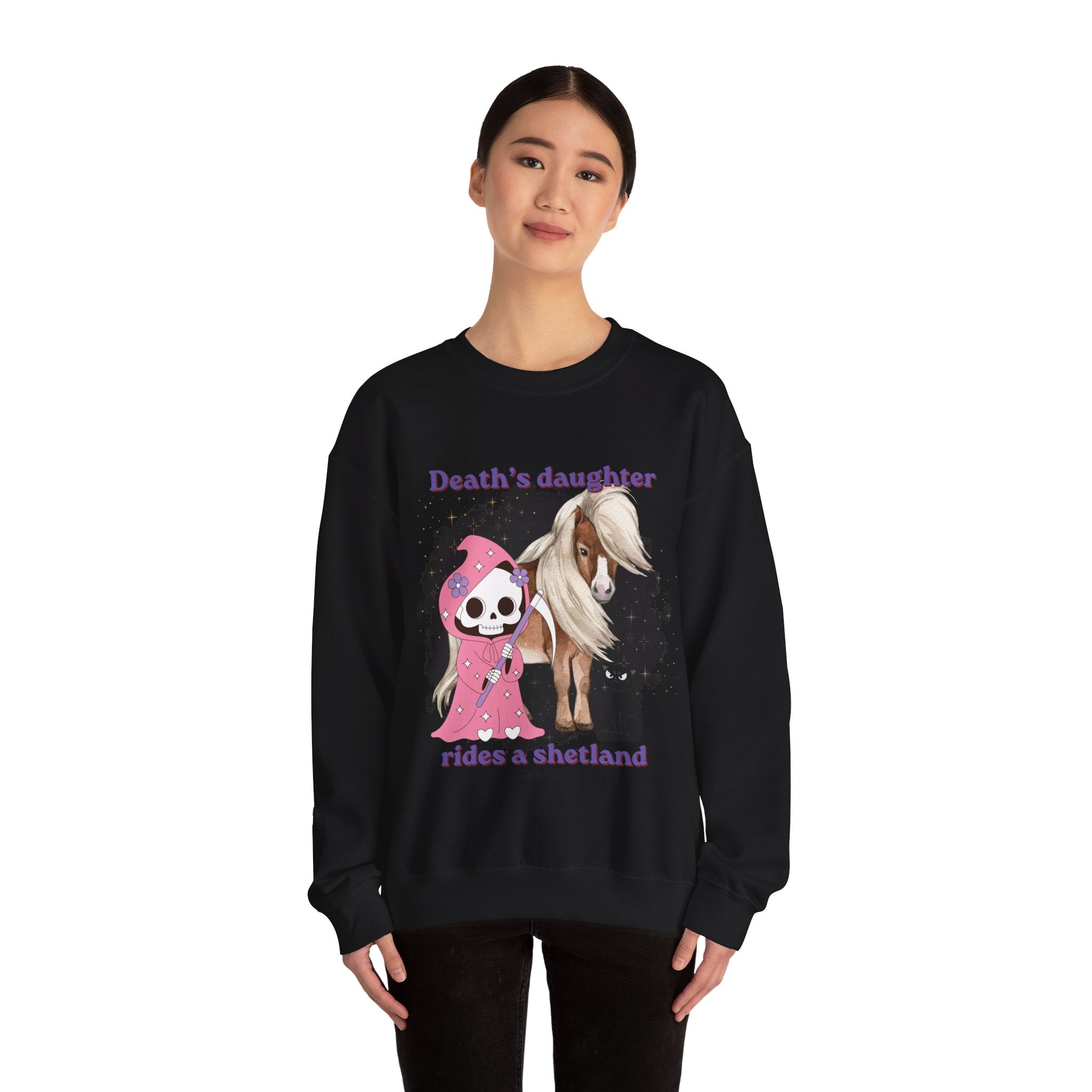 Horse Sweatshirt for Women — "Death's Daughter Rides a Shetland" Cute Grim Reaper & Shetland Pony Crewneck
