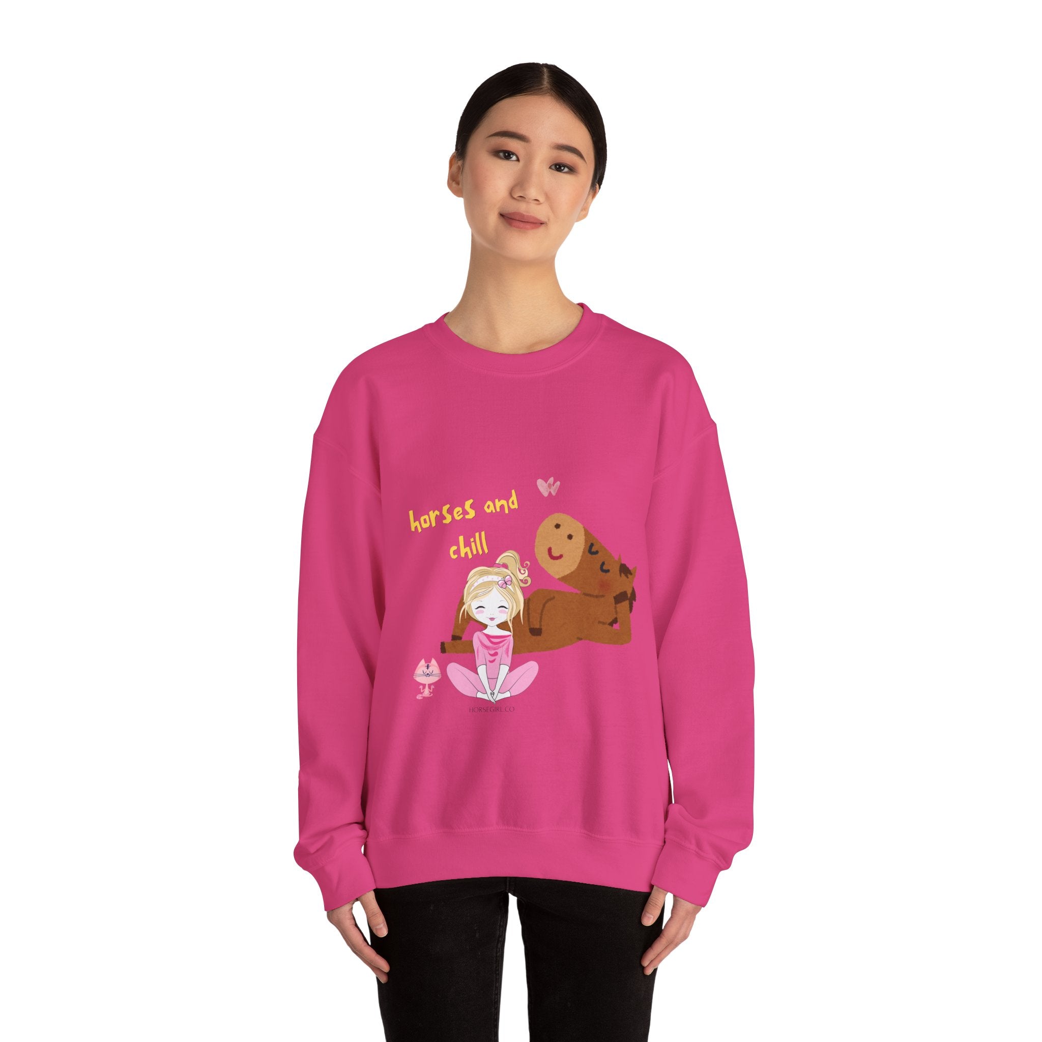 Horses and Chill Crewneck Sweatshirt — Cute Girl & Horse Graphic