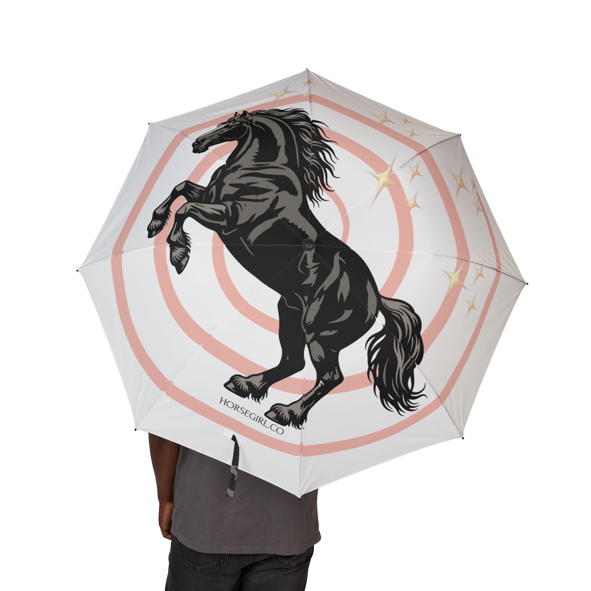 Foldable Umbrella — Black Horse with Concentric Rings & Sparkles