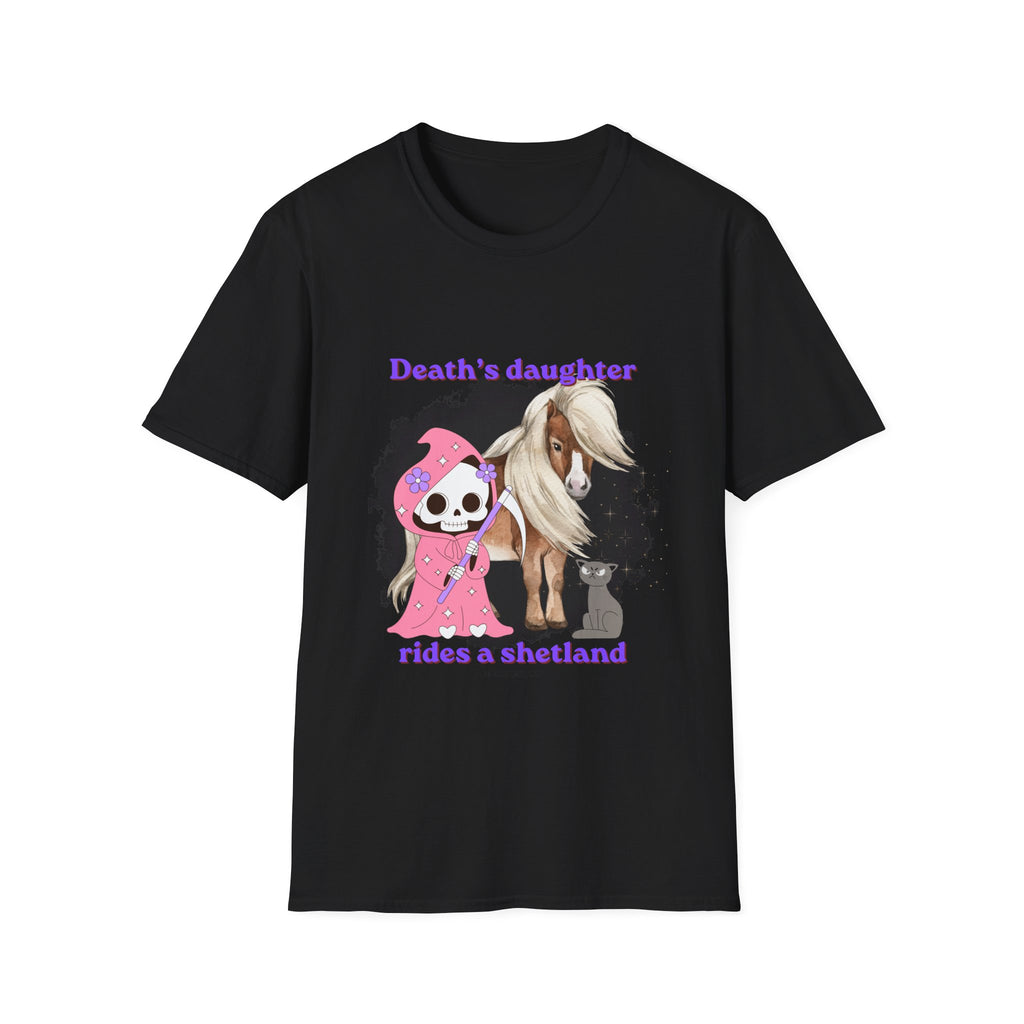 Death's Daughter Rides a Shetland T-Shirt — Cute Grim Reaper and Shetland Pony T Shirt for Women