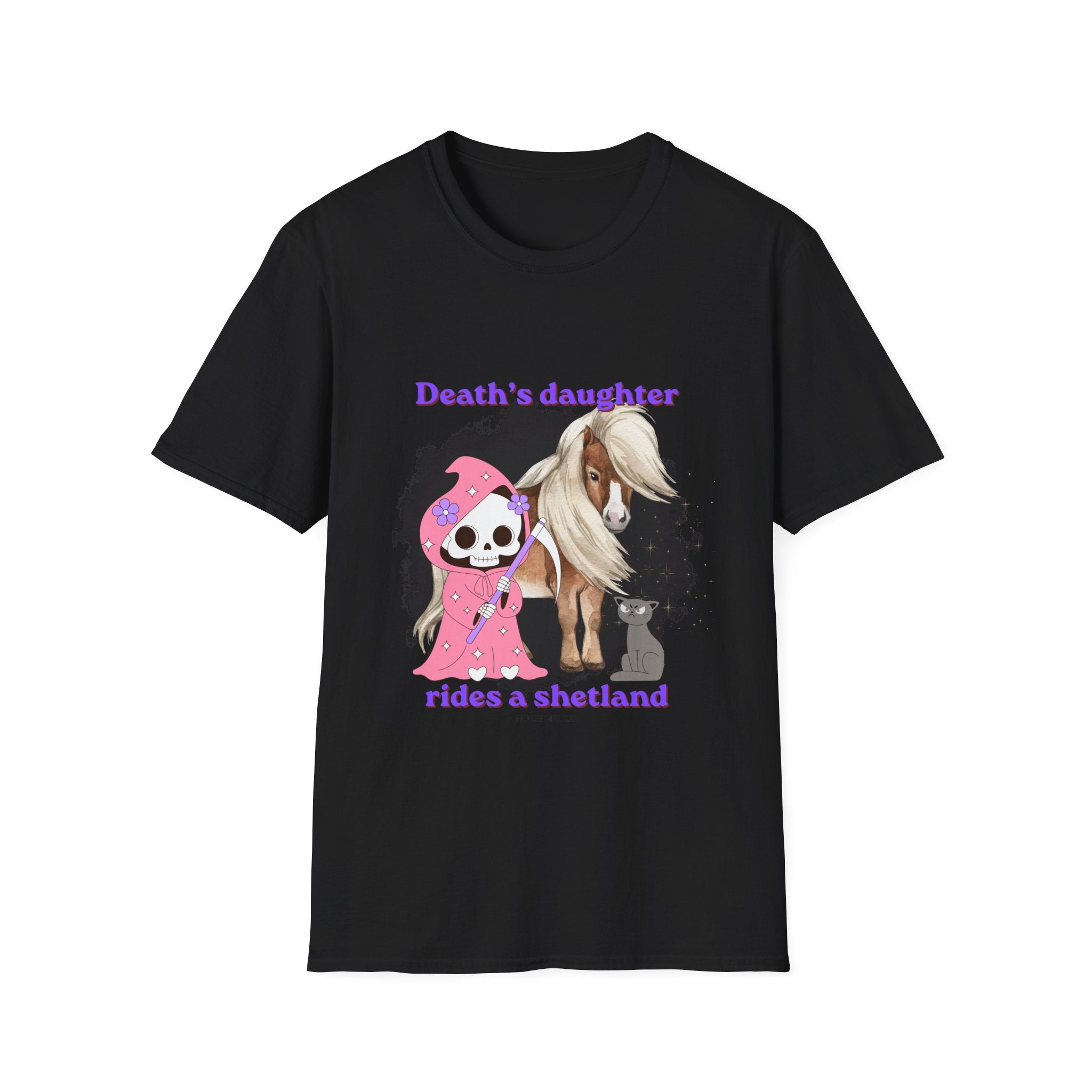 Death's Daughter Rides a Shetland T-Shirt — Cute Grim Reaper and Shetland Pony T Shirt for Women