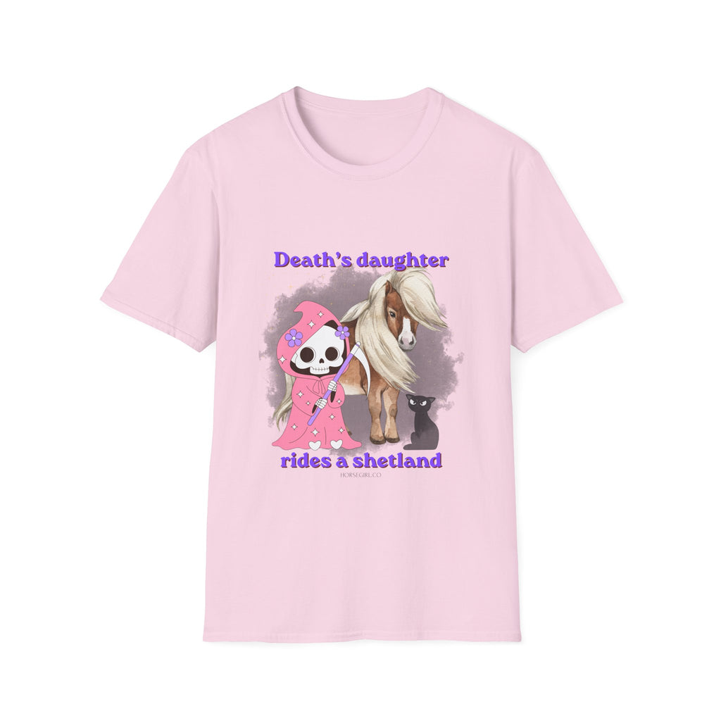 Death's Daughter Rides a Shetland T-Shirt — Cute Grim Reaper and Shetland Pony T Shirt for Women