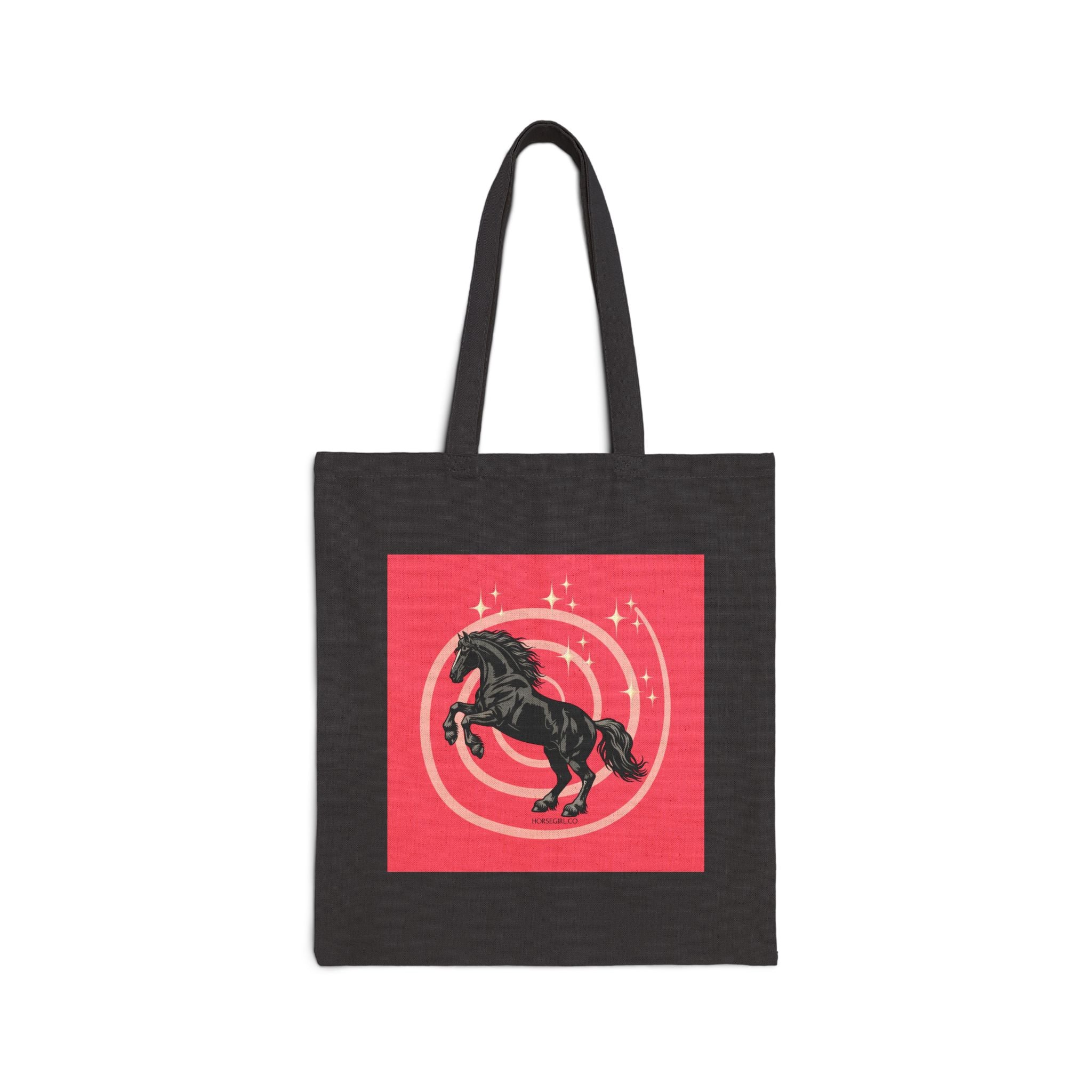 Black Horse Canvas Tote Bag – Rearing black stallion on pink background