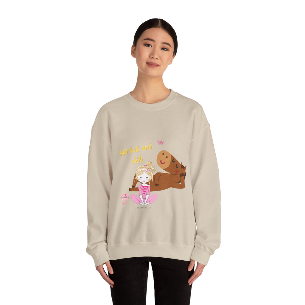 Horses and Chill Crewneck Sweatshirt — Cute Girl & Horse Graphic