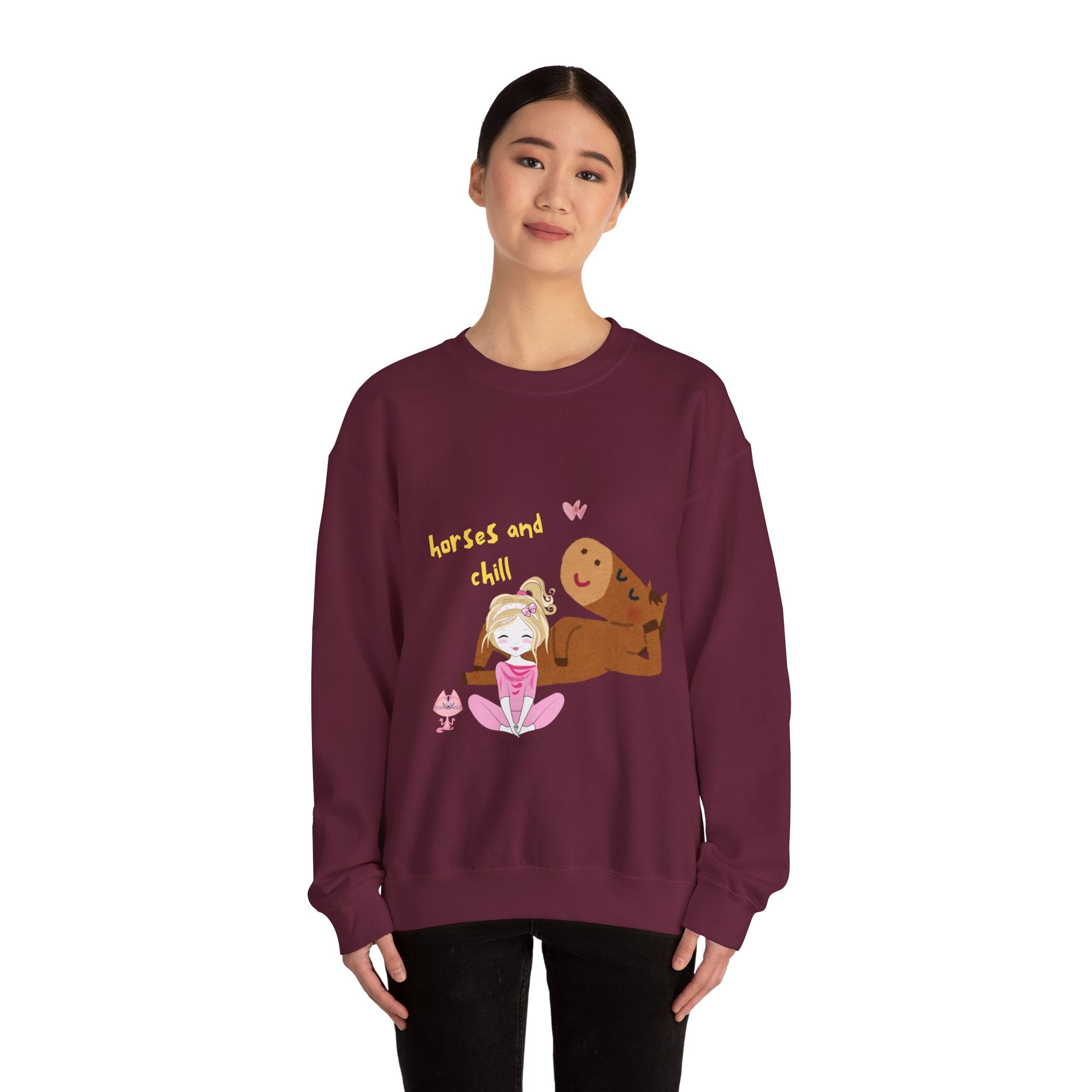 Horses and Chill Crewneck Sweatshirt — Cute Girl & Horse Graphic