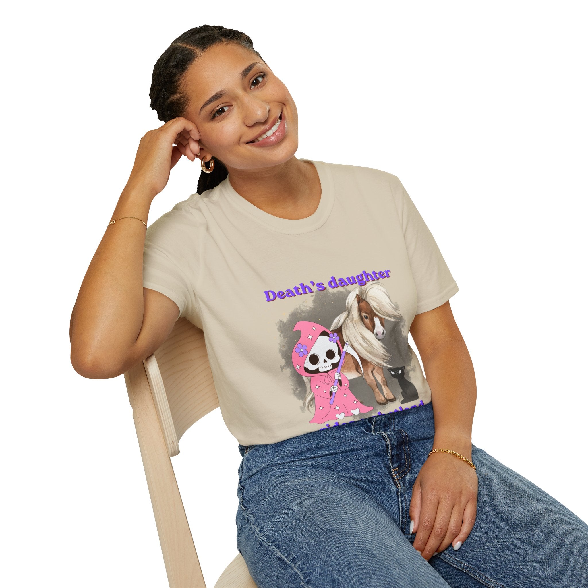 Death's Daughter Rides a Shetland T-Shirt — Cute Grim Reaper and Shetland Pony T Shirt for Women
