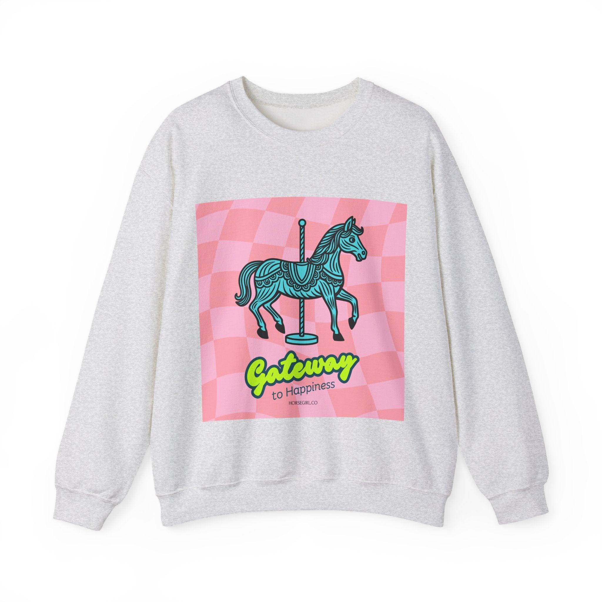 Crewneck Sweatshirt — 'Gateway to Happiness' Retro Carousel Horse Graphic