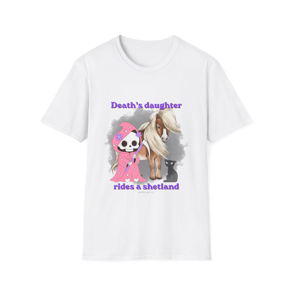 Death's Daughter Rides a Shetland T-Shirt — Cute Grim Reaper and Shetland Pony T Shirt for Women