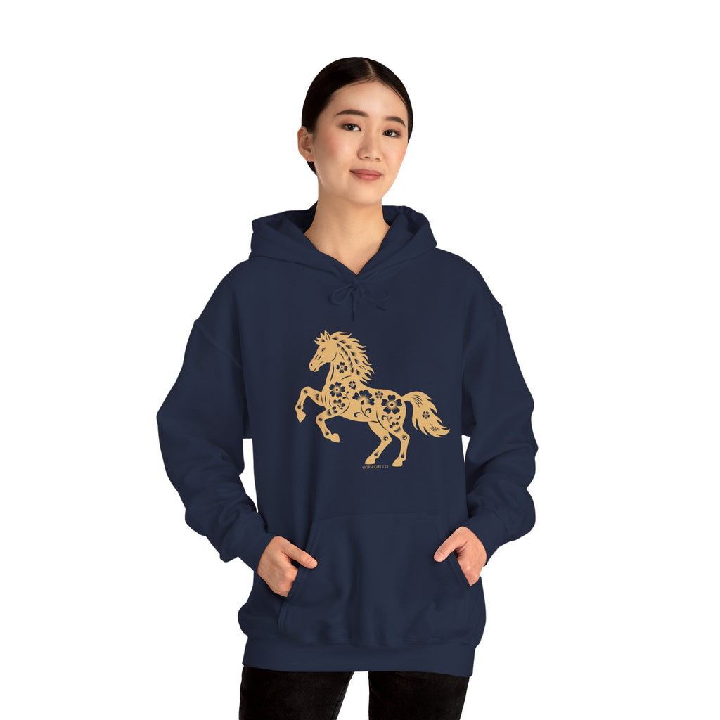 Golden Floral Horse Hoodie — Boho Style Equestrian Sweatshirt for Women