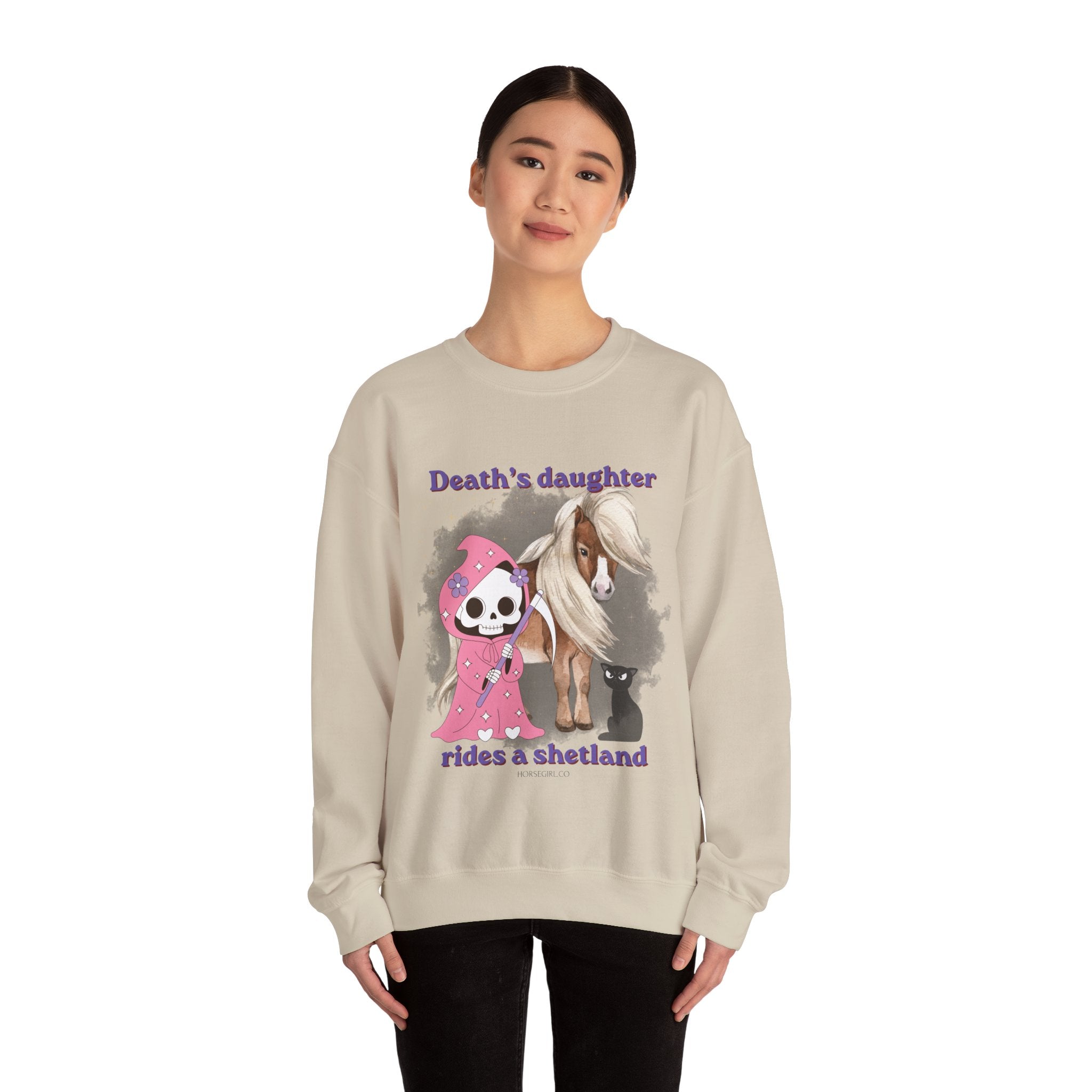 Horse Sweatshirt for Women — "Death's Daughter Rides a Shetland" Cute Grim Reaper & Shetland Pony Crewneck