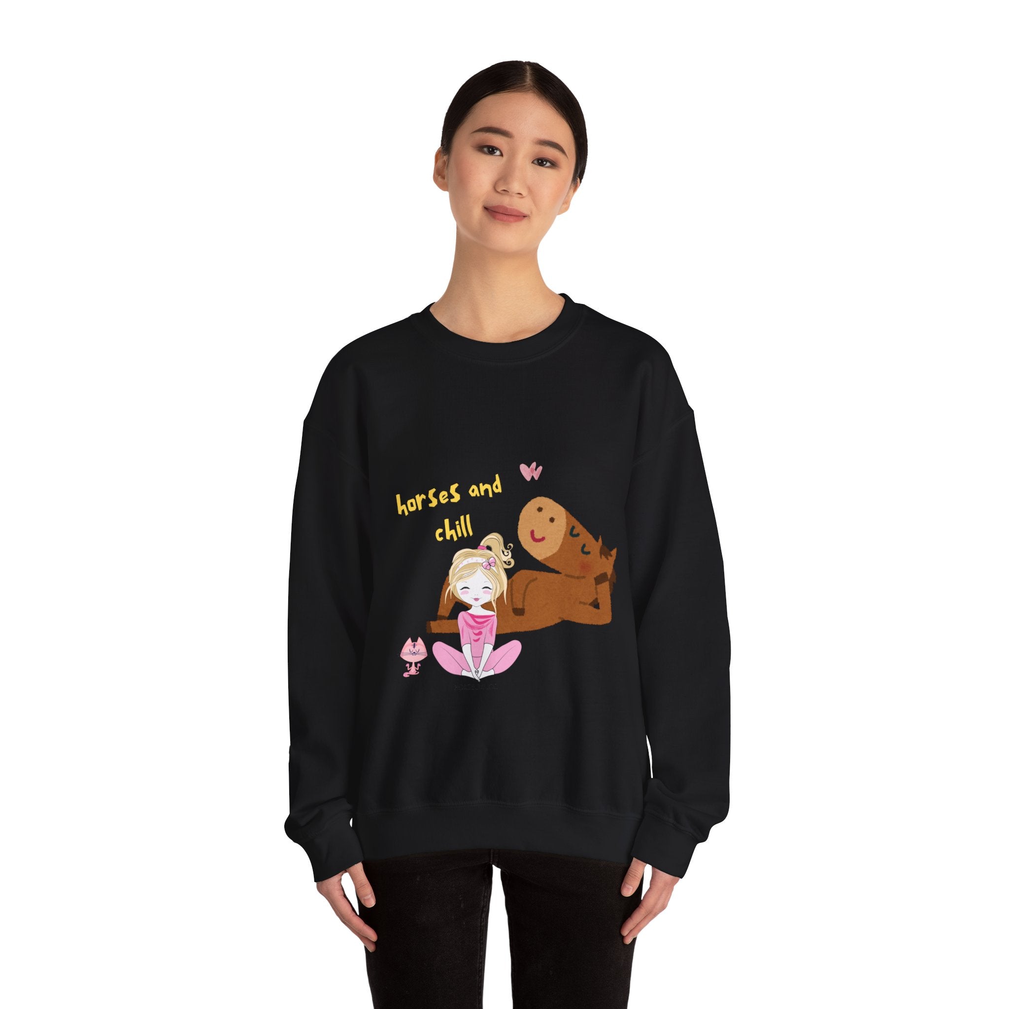 Horses and Chill Crewneck Sweatshirt — Cute Girl & Horse Graphic