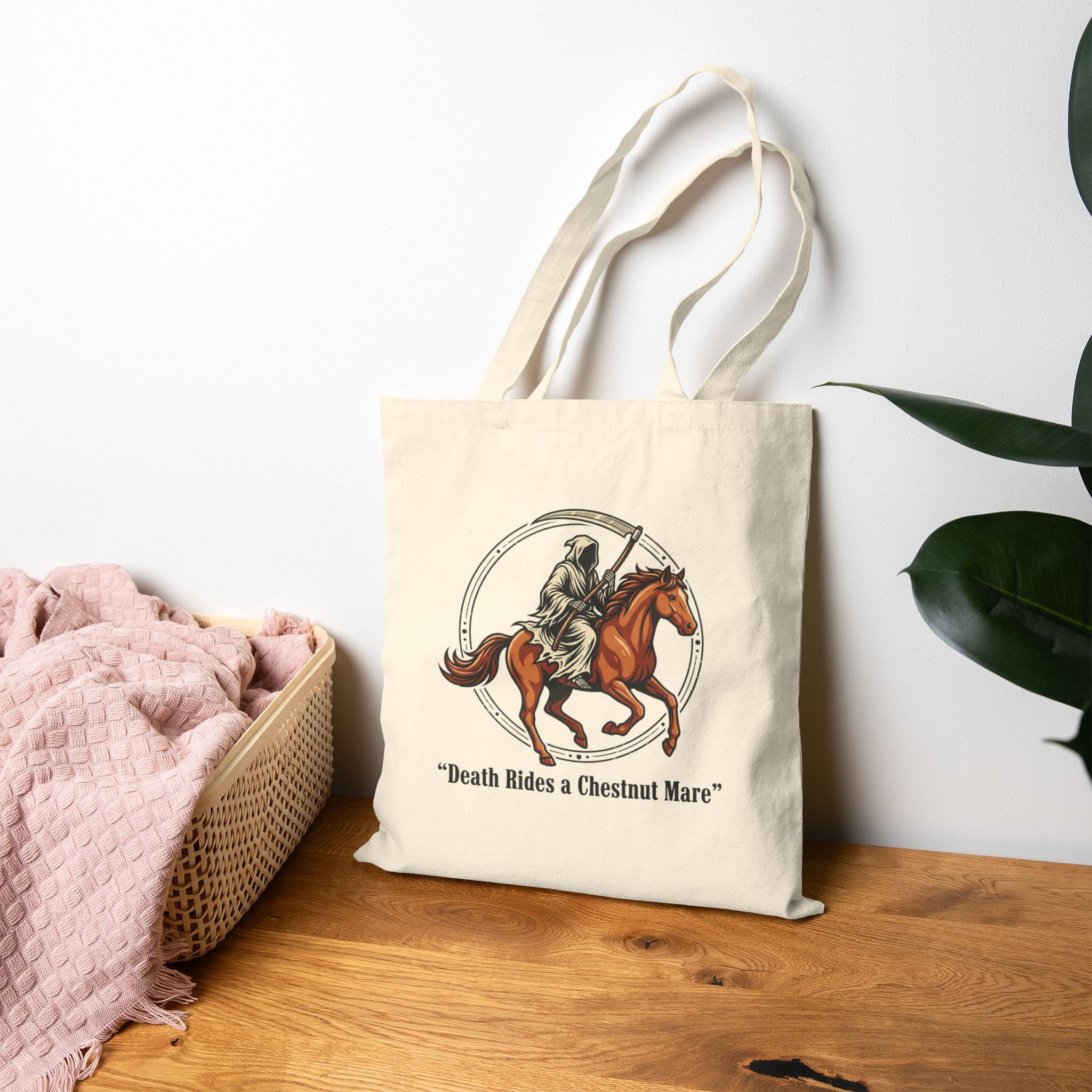 Horse Riding Tote Bag — “Death Rides a Chestnut Mare” Grim Reaper Horse Tote