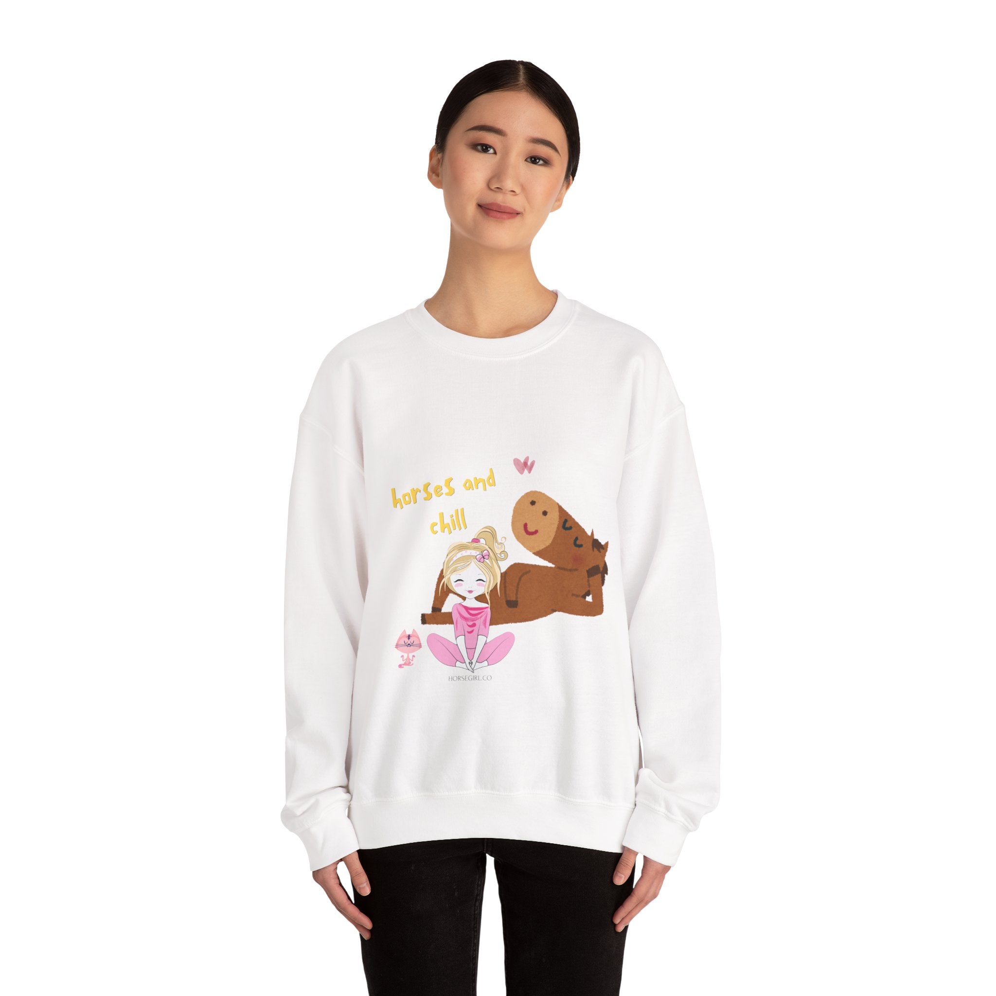 Horses and Chill Crewneck Sweatshirt — Cute Girl & Horse Graphic