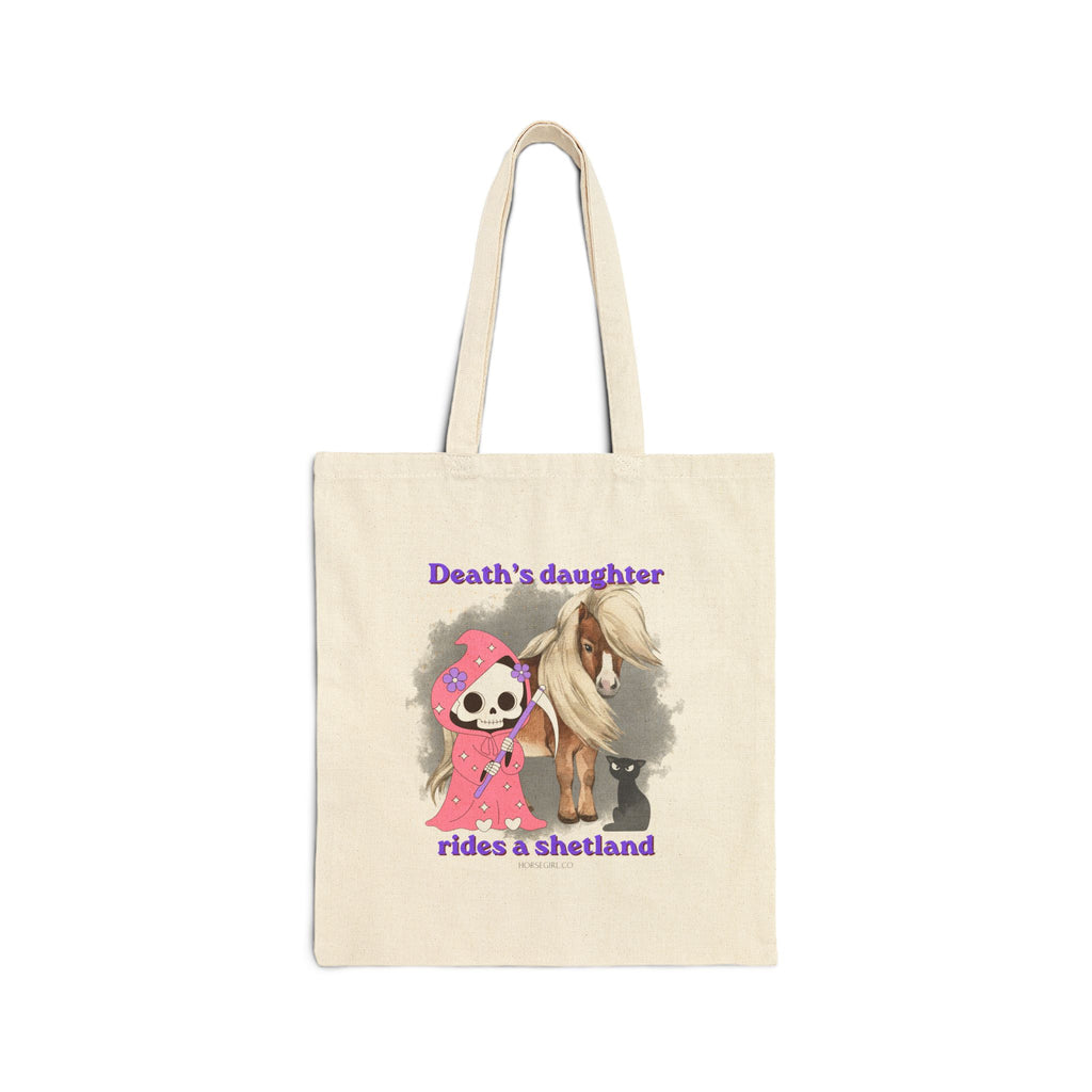 Horse Riding Tote Bag — "Death's Daughter Rides a Shetland" Cute Grim Reaper & Pony Canvas Tote