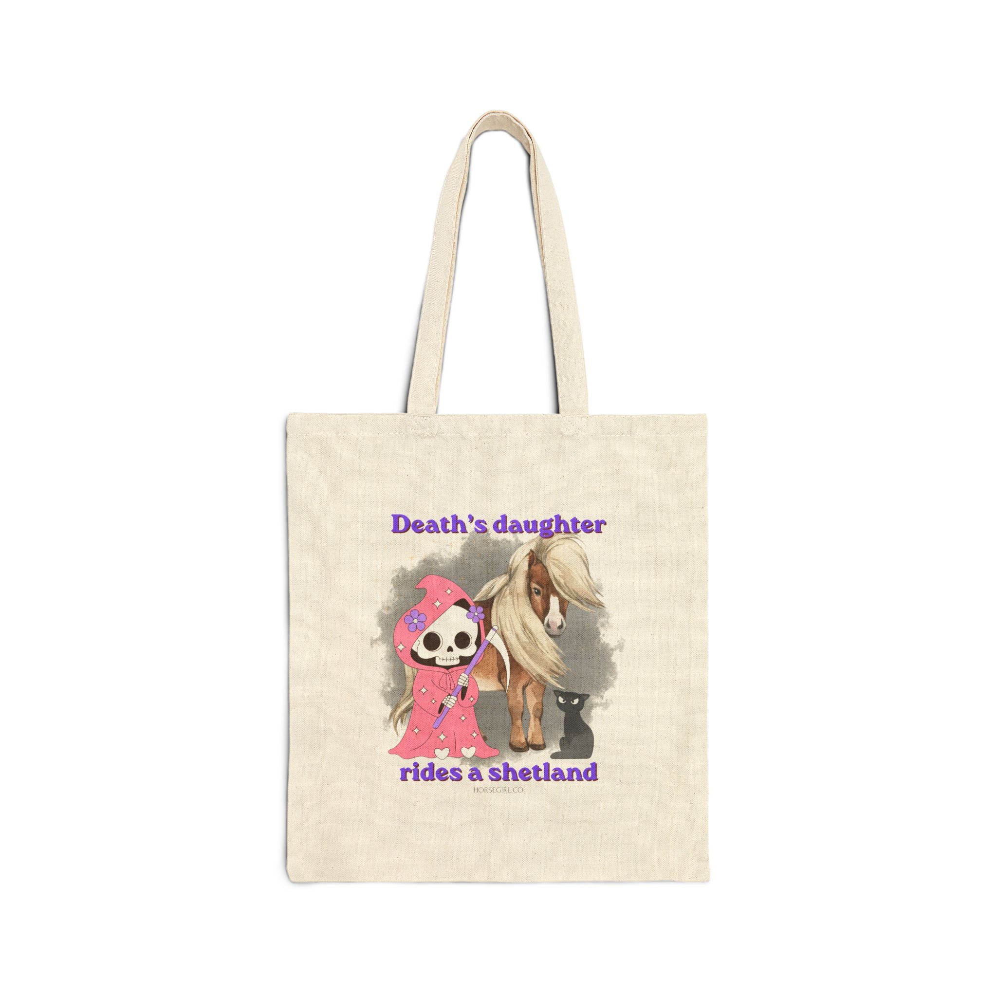 Horse Riding Tote Bag — "Death's Daughter Rides a Shetland" Cute Grim Reaper & Pony Canvas Tote