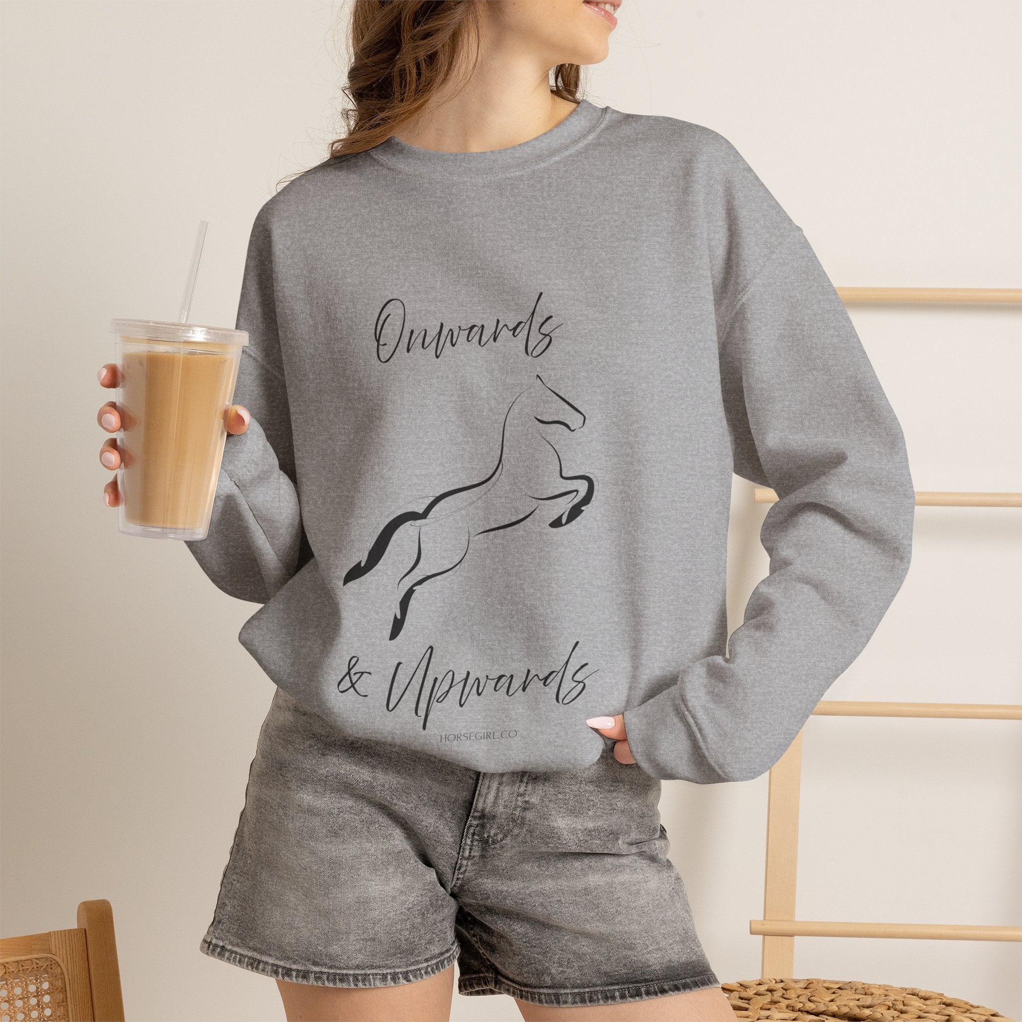 Leaping Horse Sweatshirt — ‘Onwards & Upwards’ Minimal Horse Graphic - Equestrian attire for women