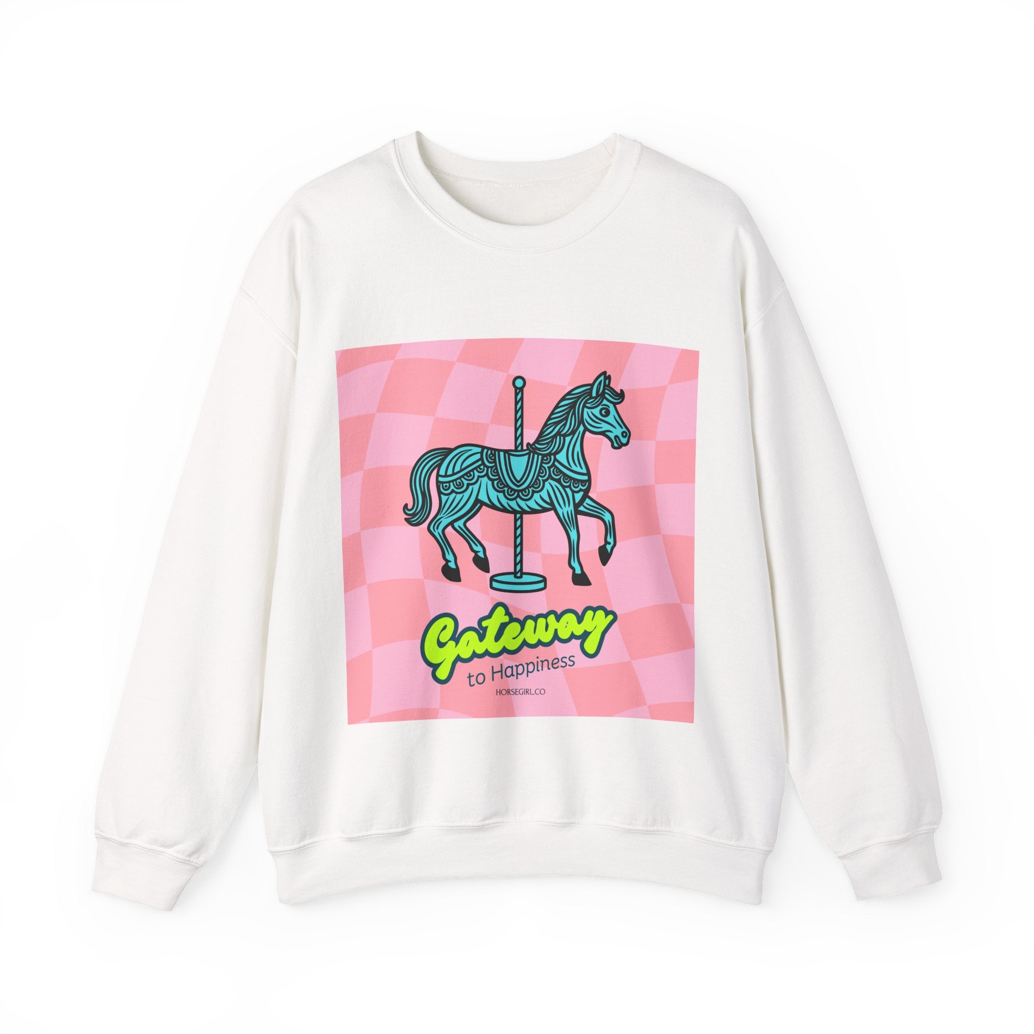 Crewneck Sweatshirt — 'Gateway to Happiness' Retro Carousel Horse Graphic