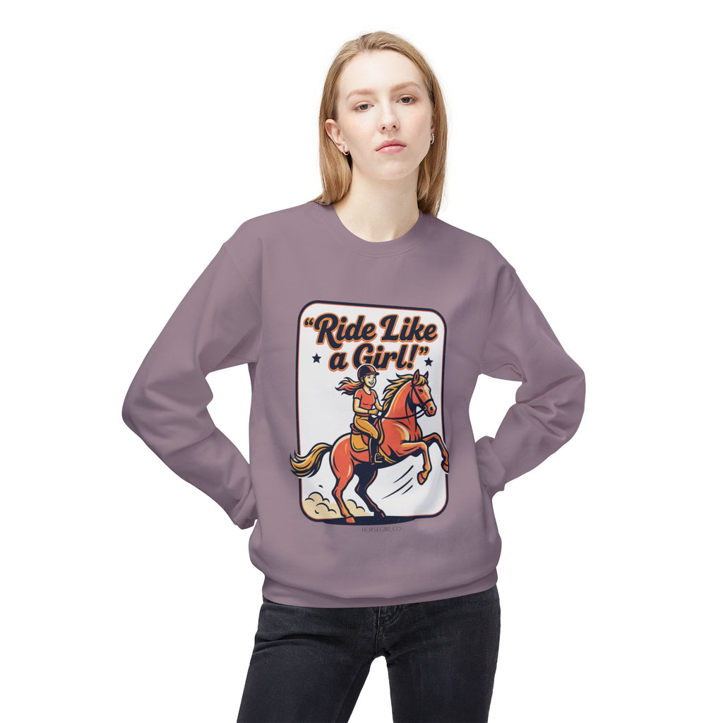 Ride Like a Girl Sweatshirt — Retro Girl Horse Riding Crewneck